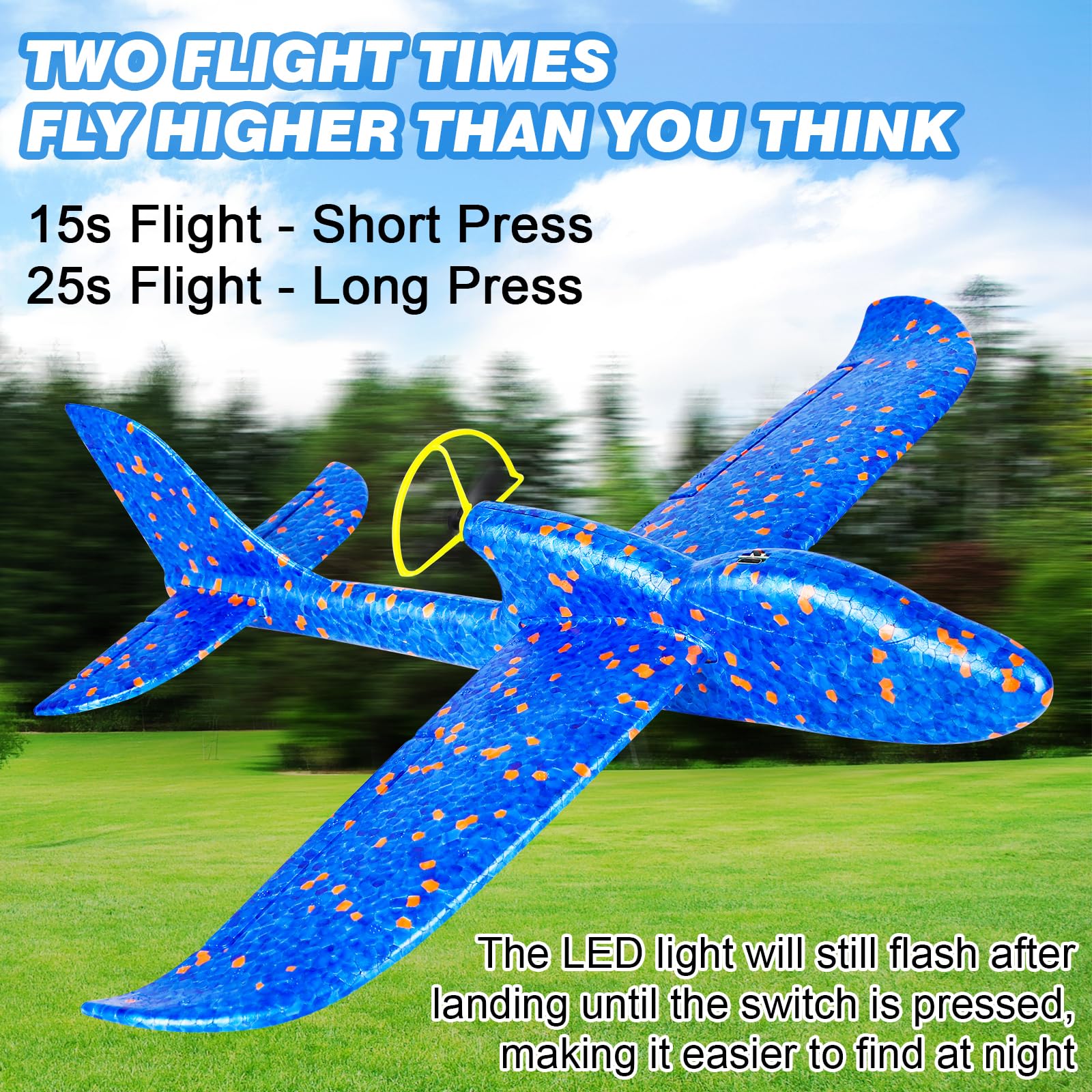 Foam airplane toy LED night visibility flying modes 15s 25s