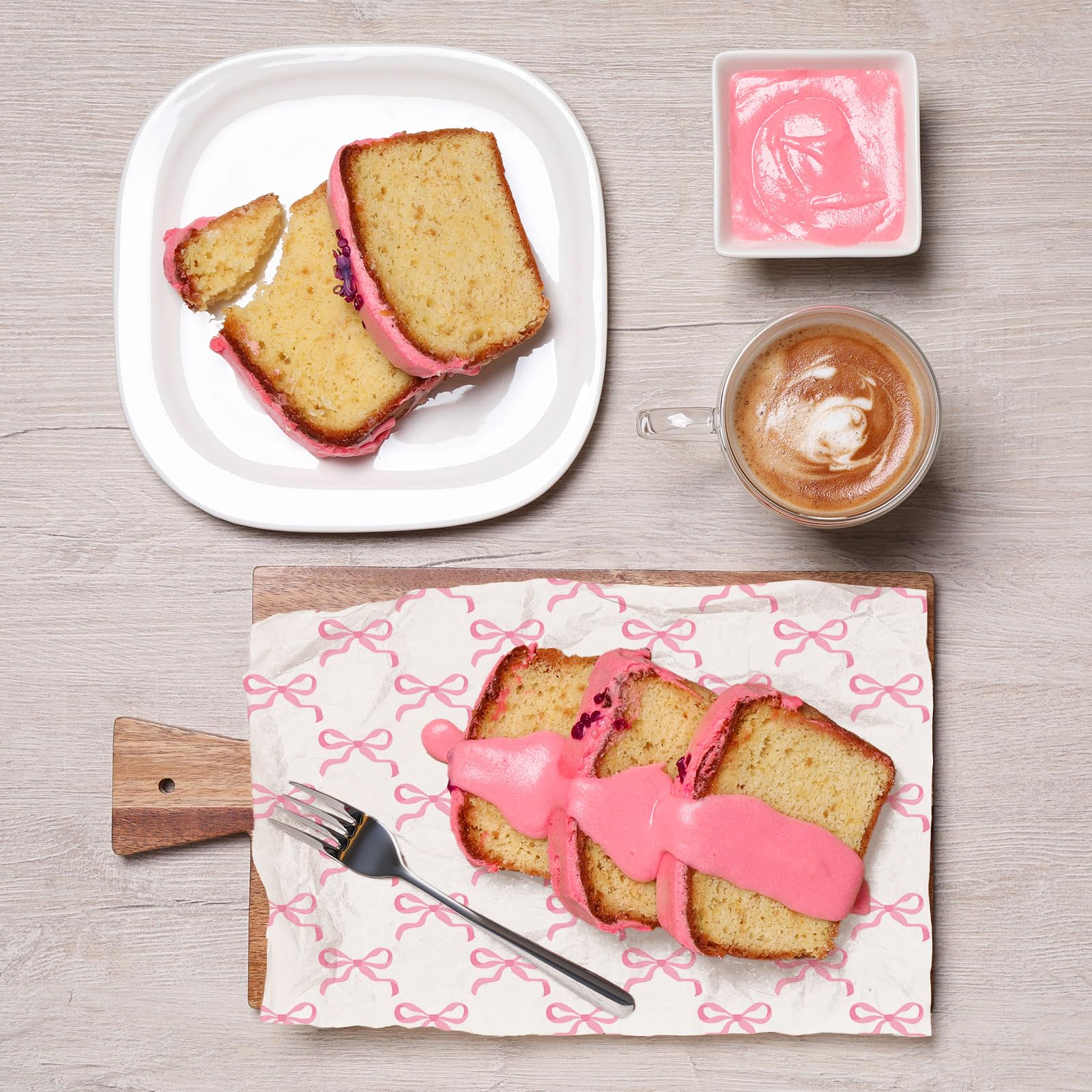 Pink bow pattern wax paper used as food basket liner