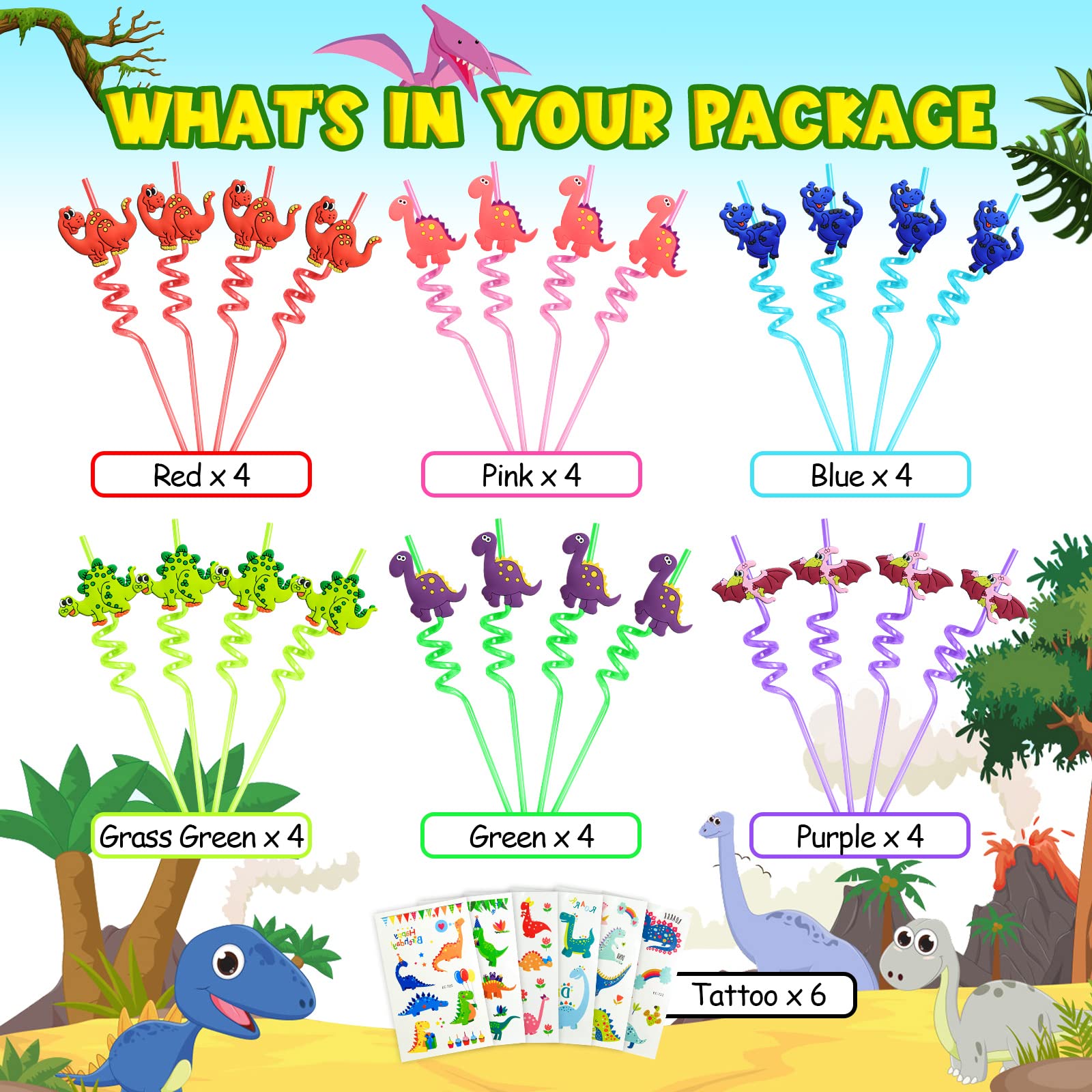 Six color and design variants for dinosaur straws