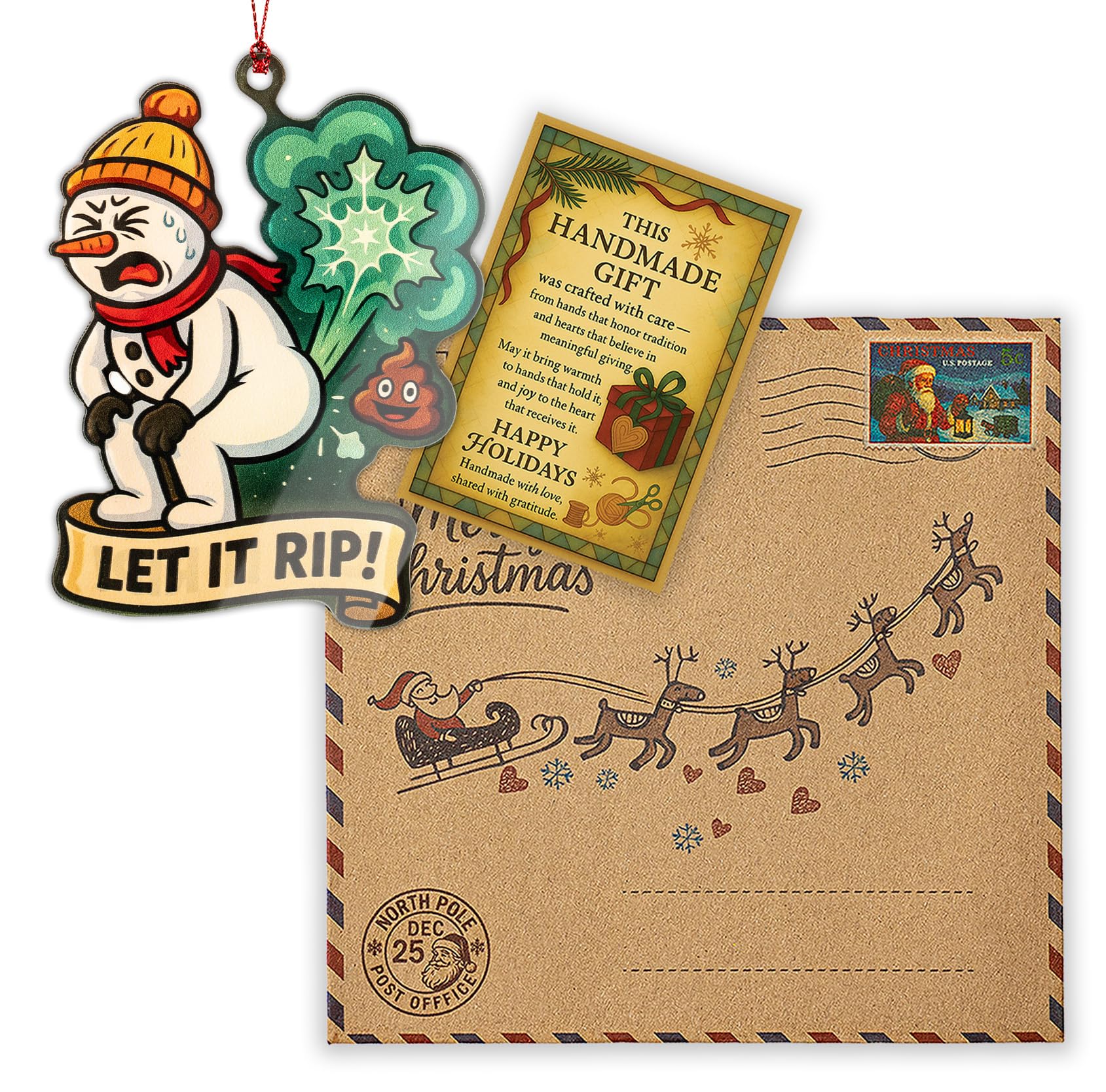 Gag holiday decor ornament with heartfelt story card