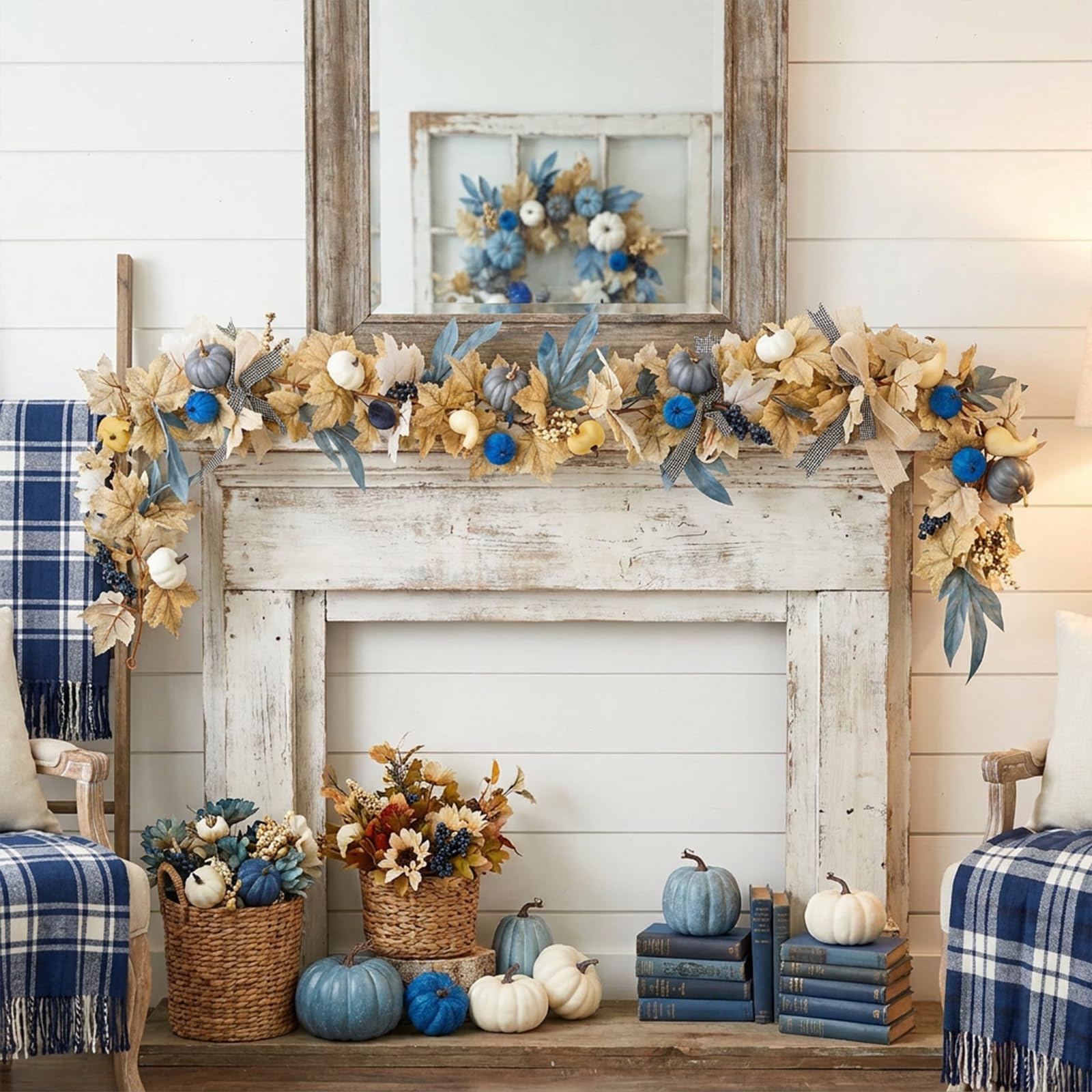 Blue fall garland with lights displayed on fireplace by GAGEC