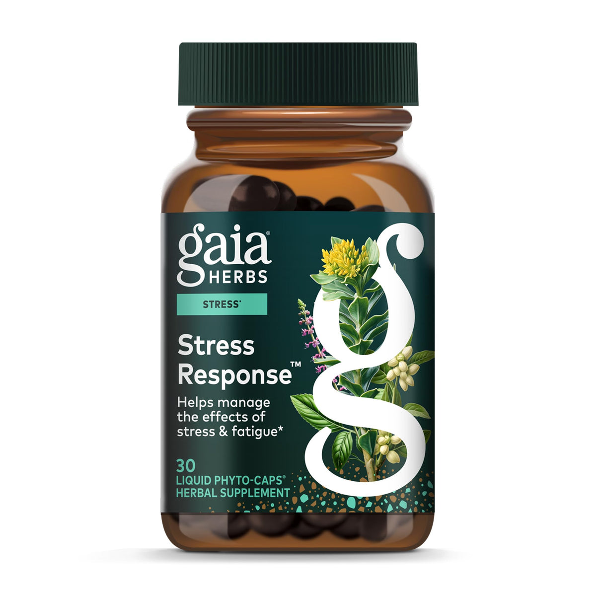 Gaia Herbs Stress Response bottle packaging with 30 vegan capsules