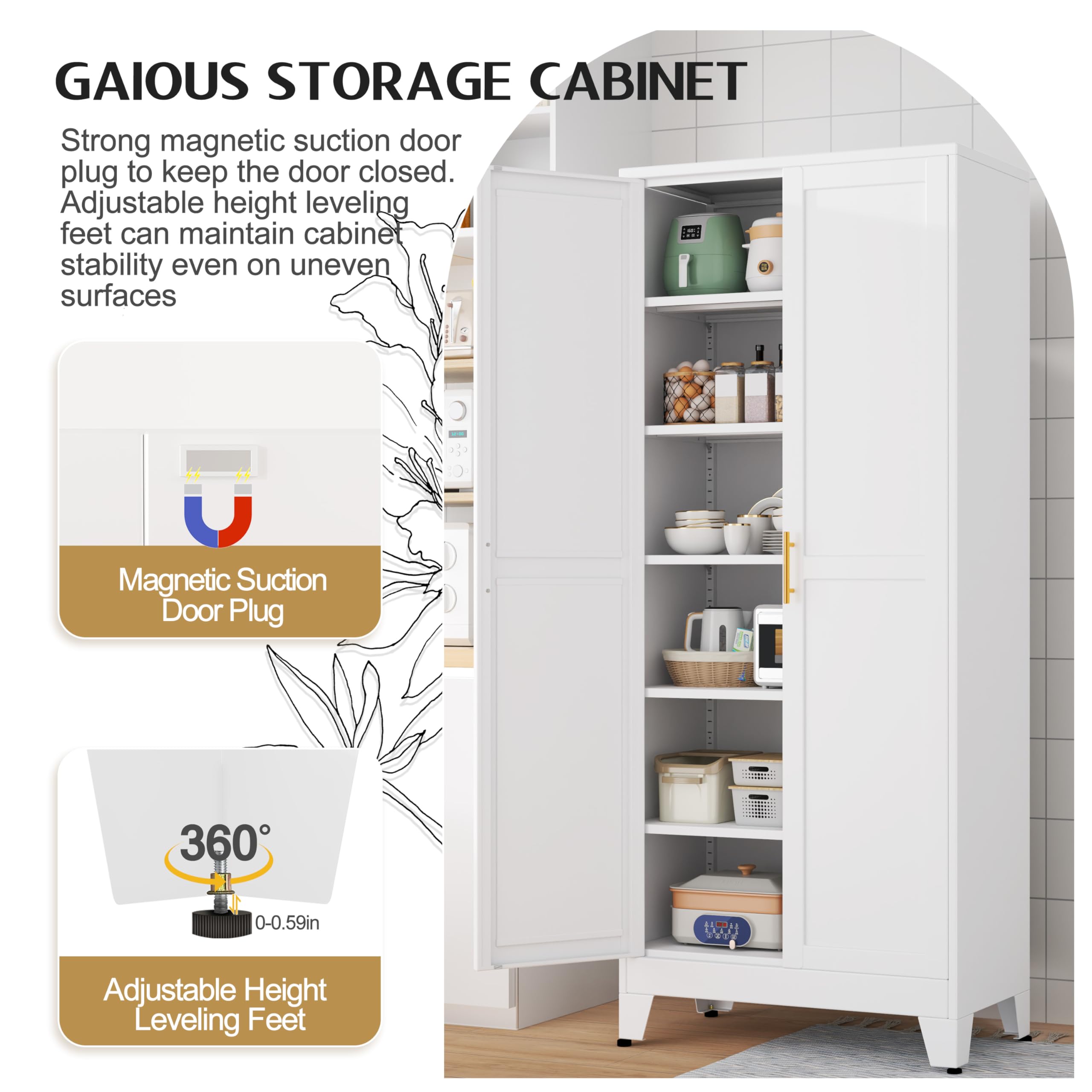 Interior view showing five adjustable shelves in GAIOUS pantry cabinet