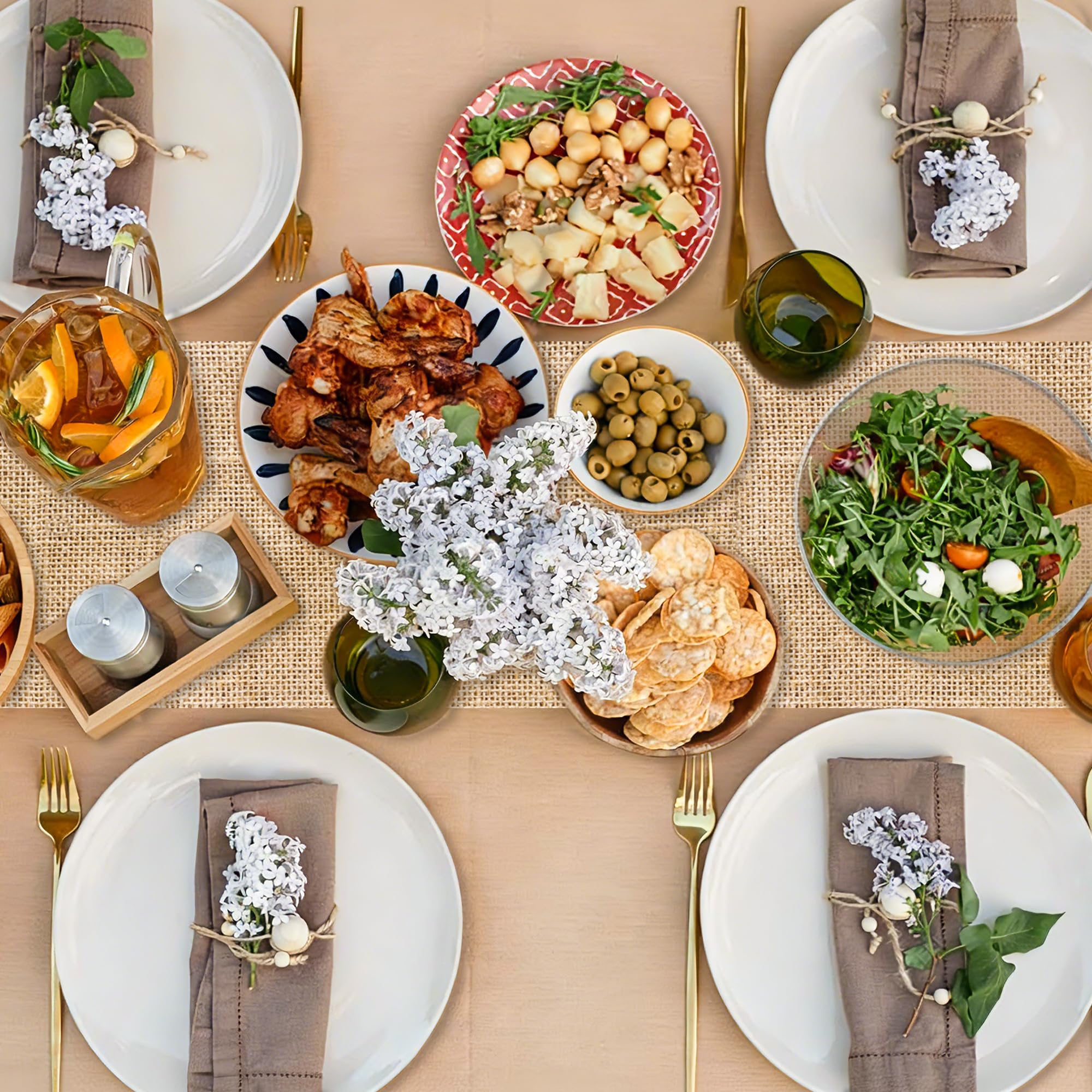 Game night dining table decor using Burlap Print runner
