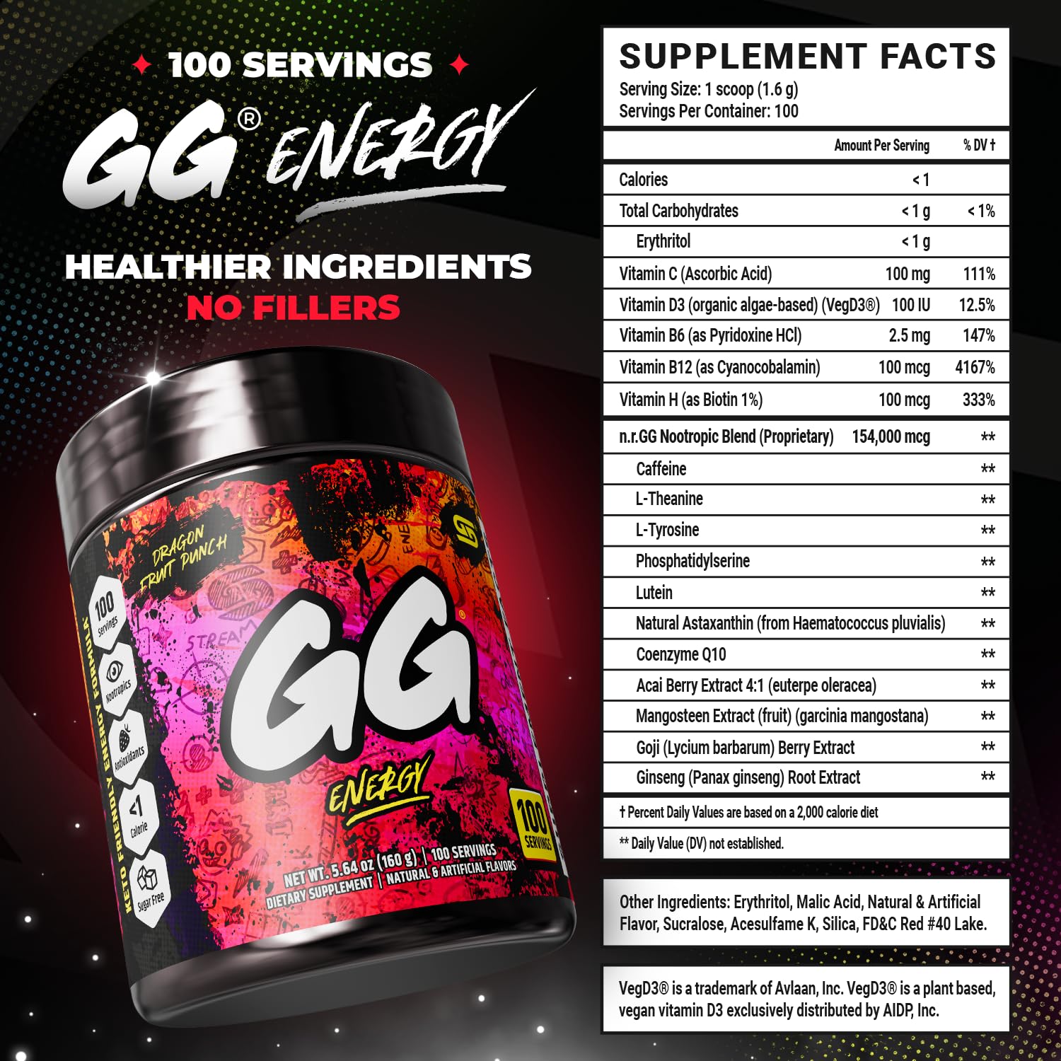 GG Energy Dragonfruit Punch nootropic blend powder tub