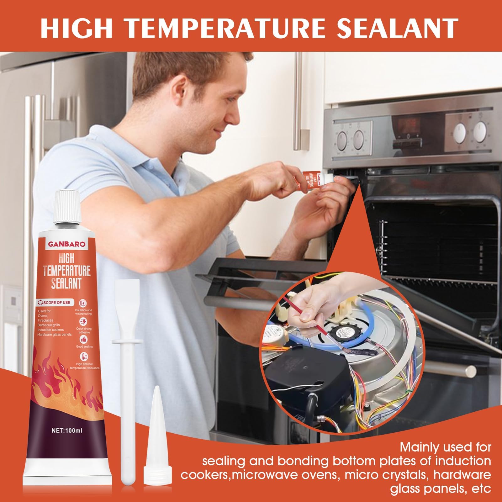 Close up of Ganbaro 482°F silicone sealant for ovens and grills