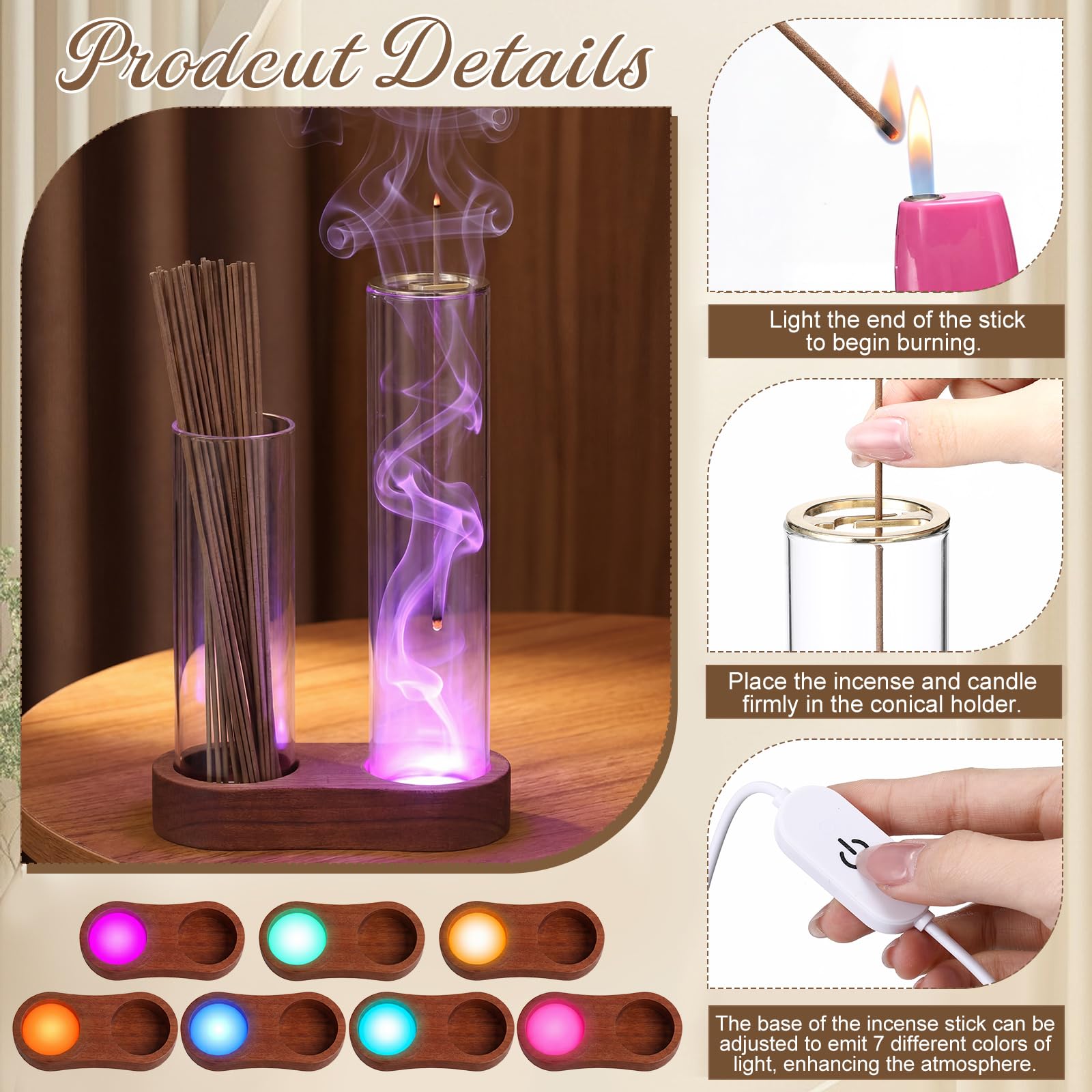 USB powered glowing incense holder with multi color LED lights