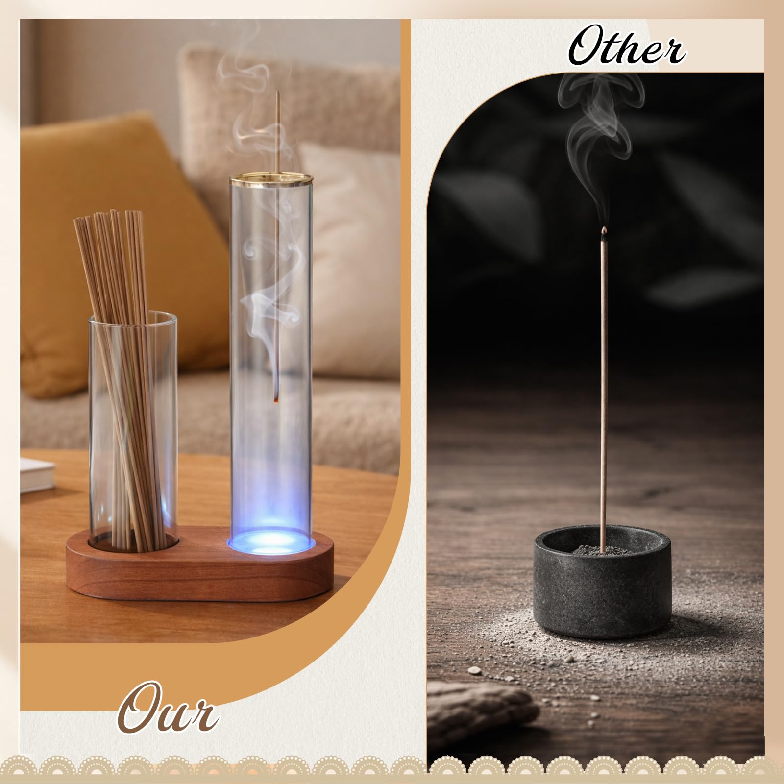 Colorful glass tubes paired with natural wood base design
