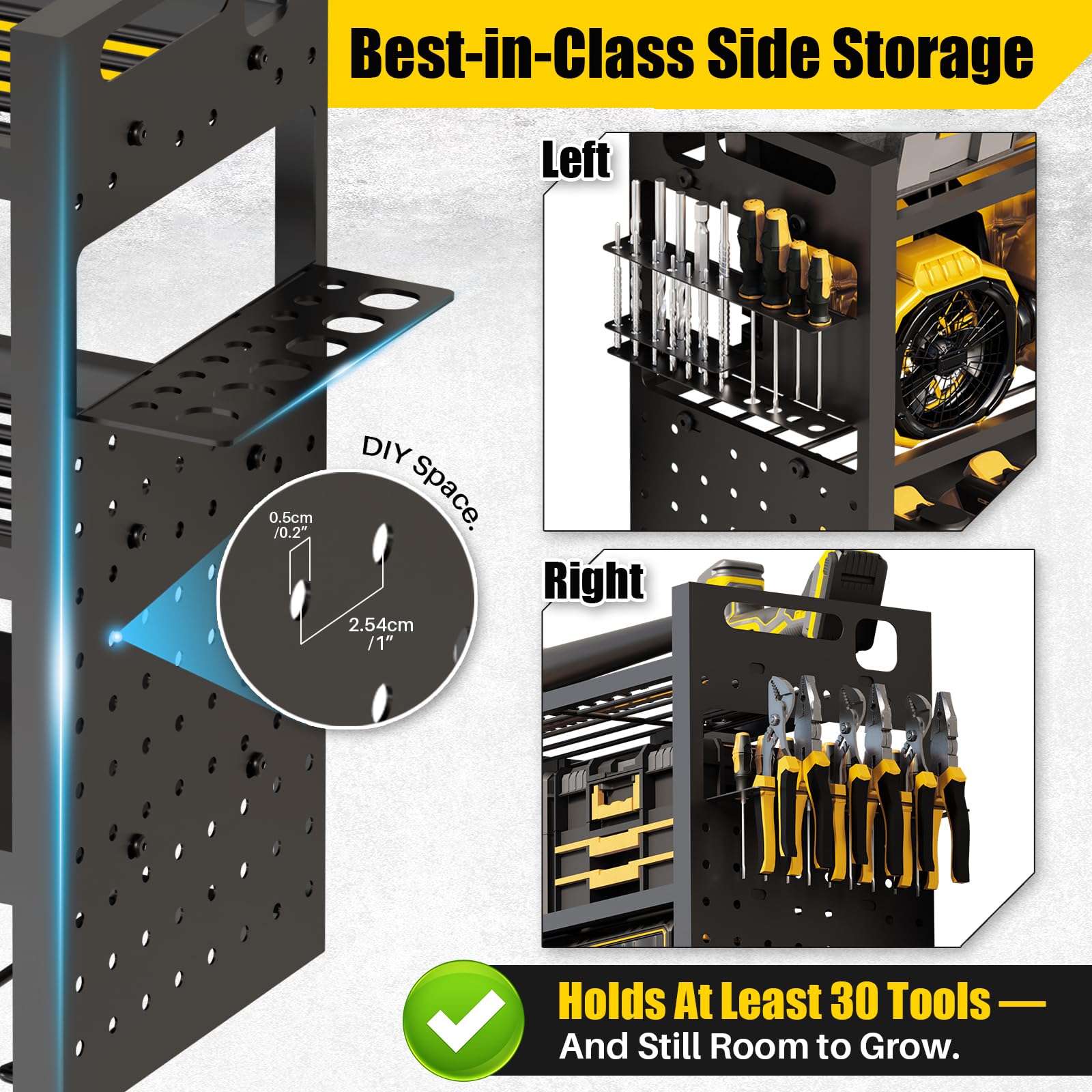 Pre-set side racks store 30+ tools