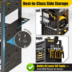 Pre-set side racks store 30+ tools