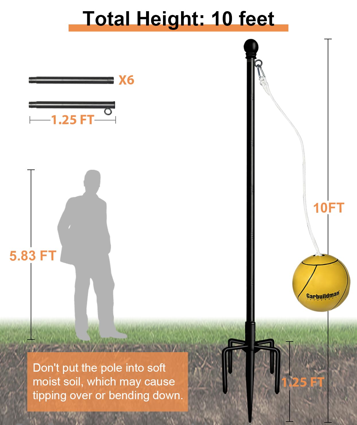 Reinforced 5-prong base for Garbuildman tetherball set