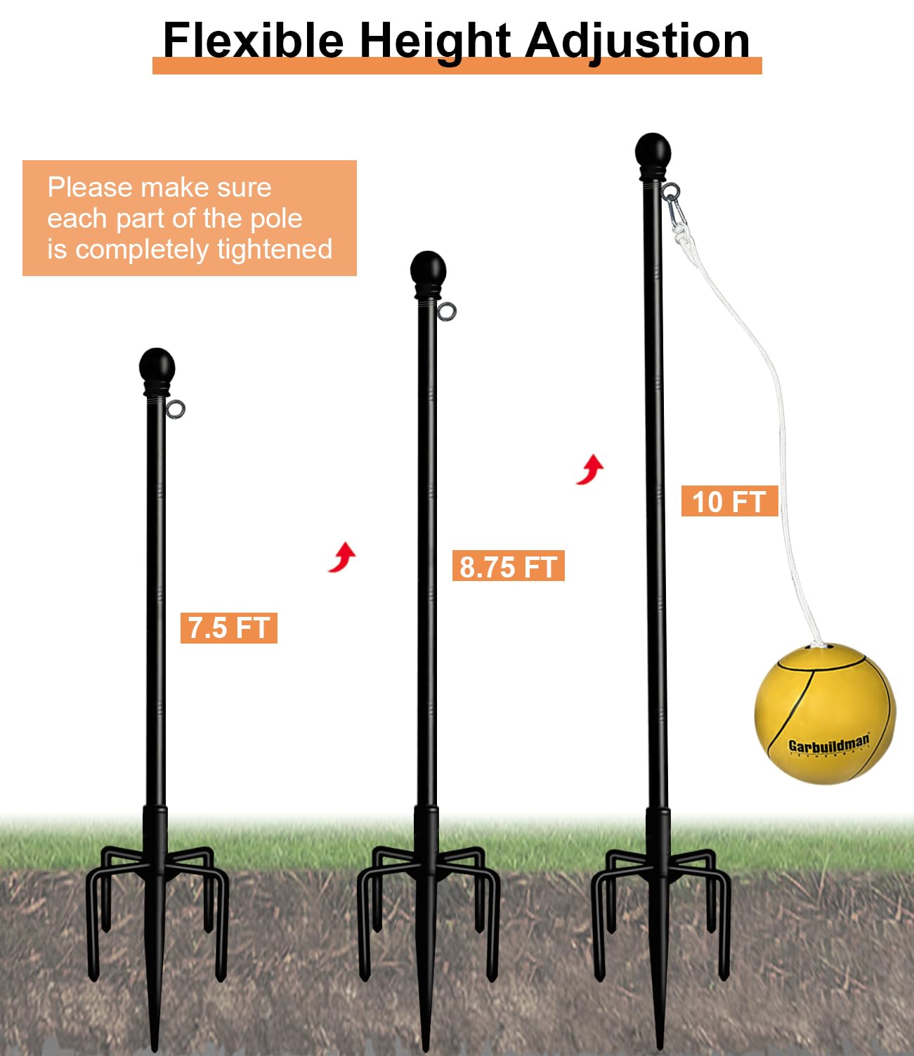 10 ft adjustable Garbuildman tetherball pole for outdoor play