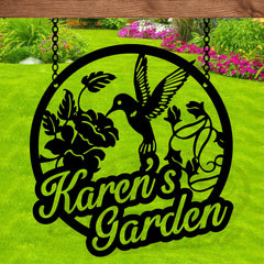 Garden Decor Sign with Fall hummingbird design for outdoors