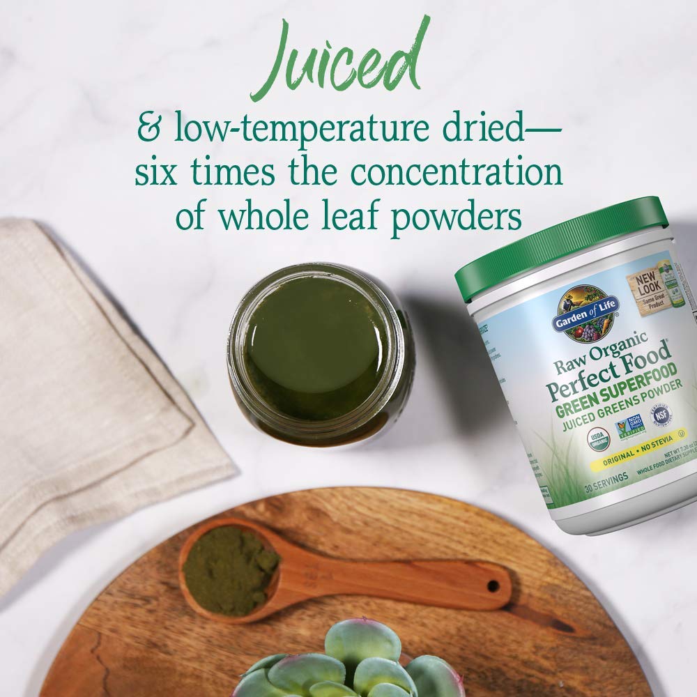Side view of Garden of Life RAW Organic Perfect Food Juiced Greens Powder container