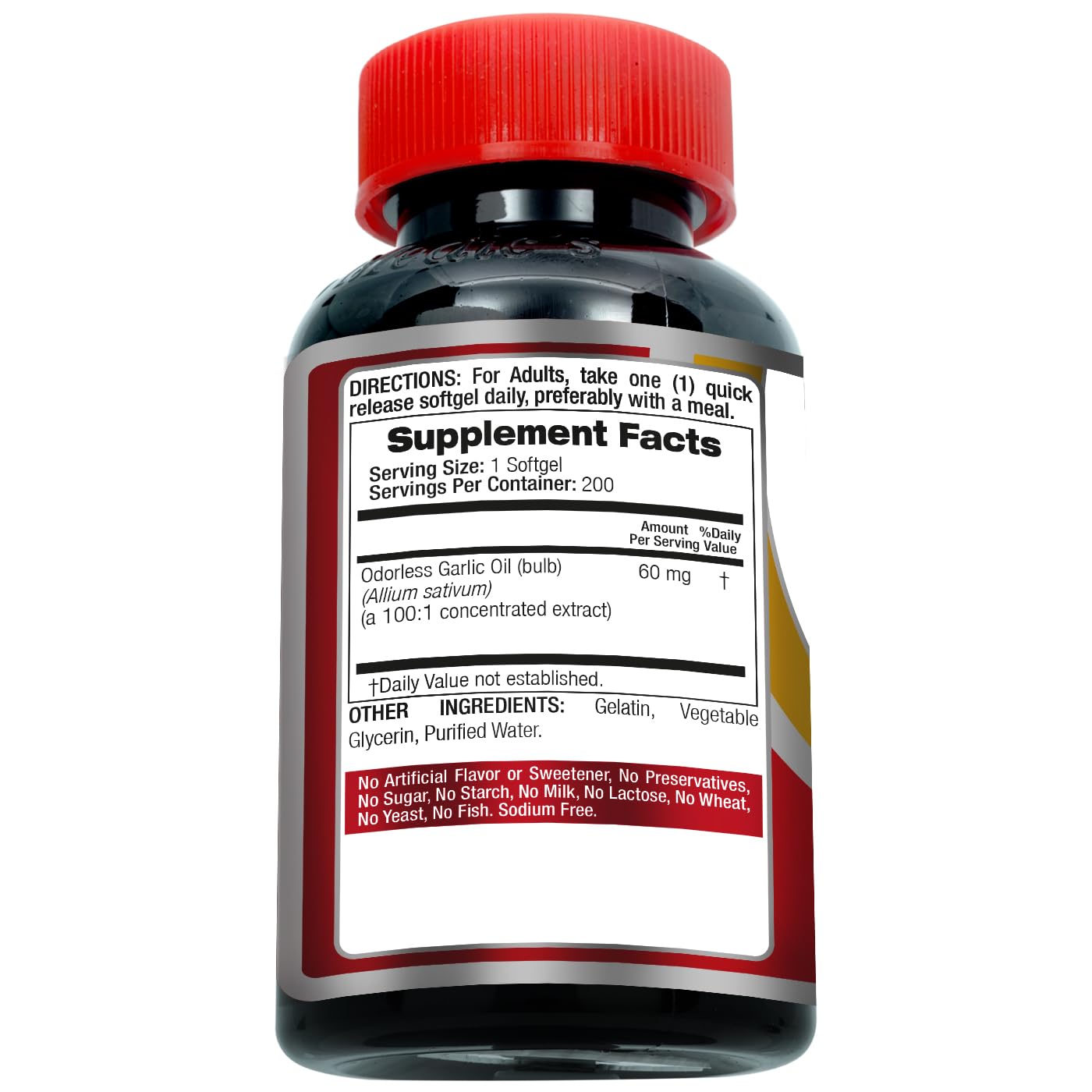 Garlic supplement bottle label indicating daily serving size