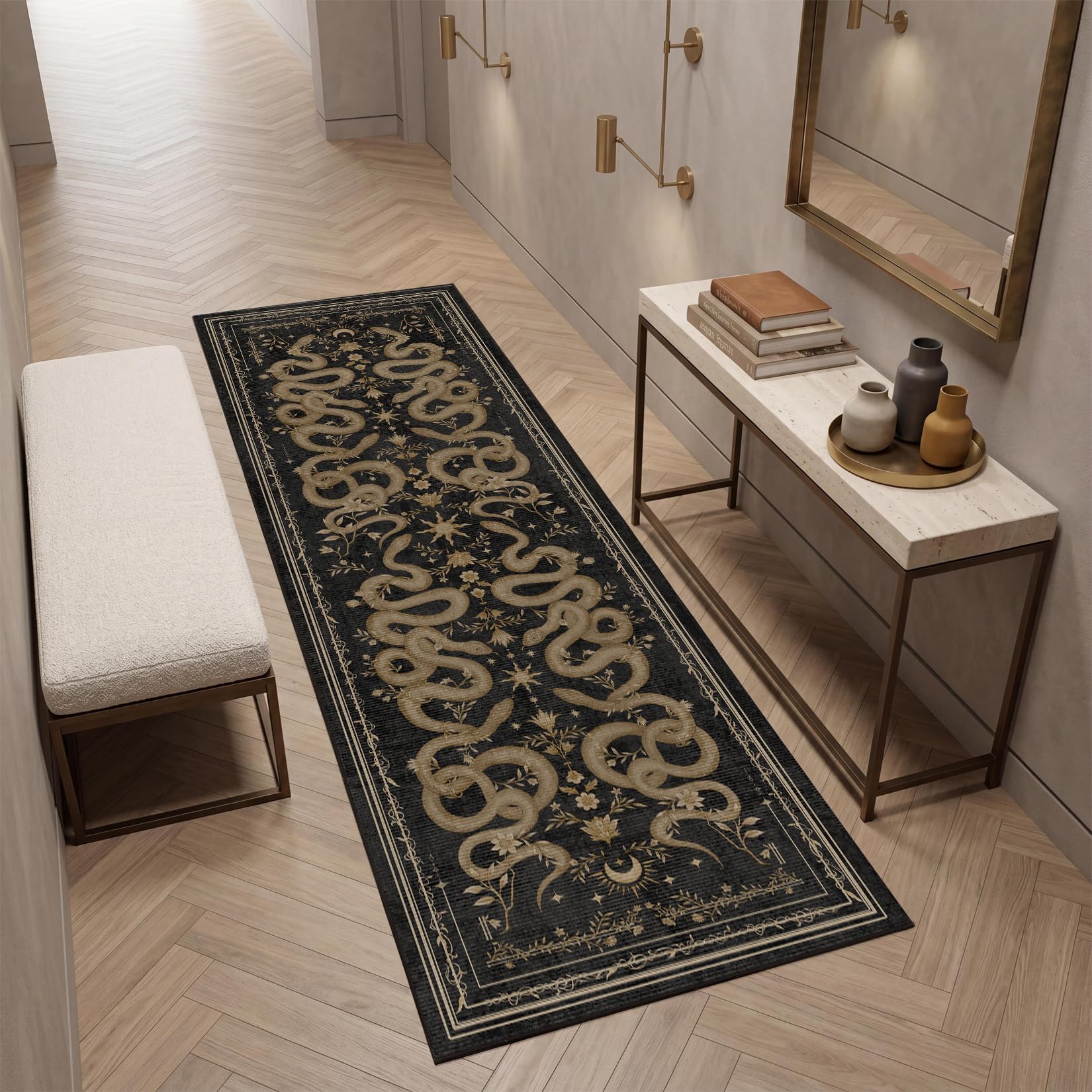 Washable kitchen runner rug Garvee snake gothic black gray