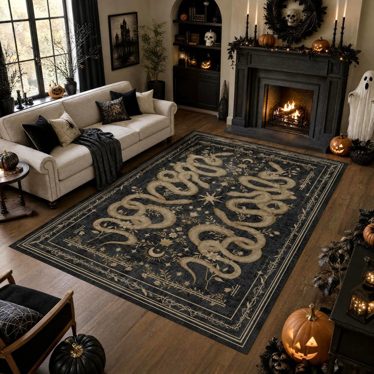 Garvee Snake Gothic 8x10 area rug with black and gray tones