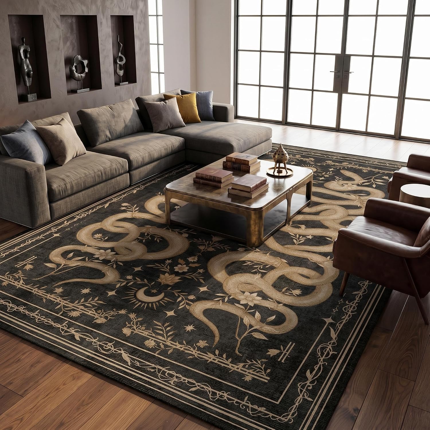 Gothic snake motif rug with floral details on charcoal background