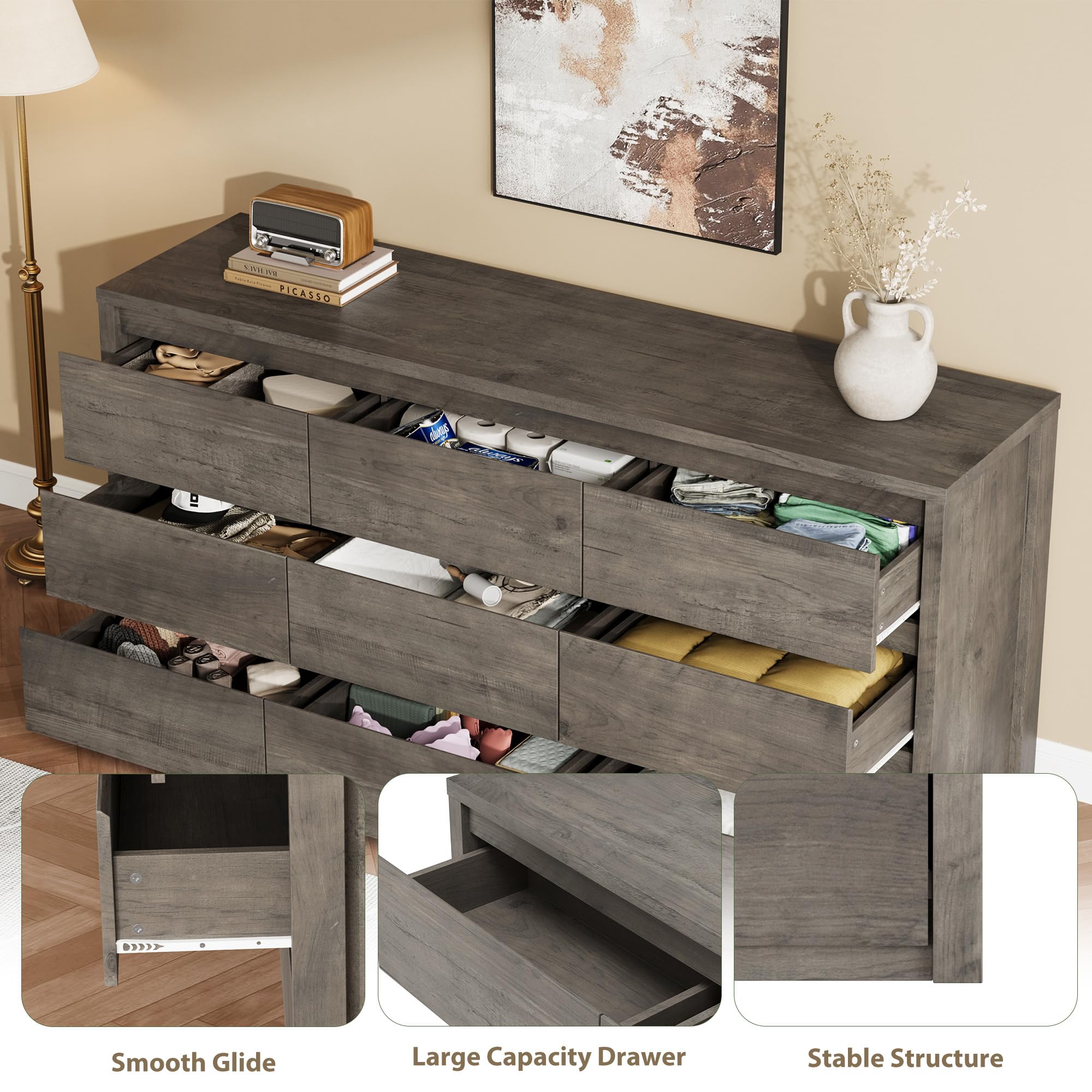Dresser packaging shown with included parts and instructions