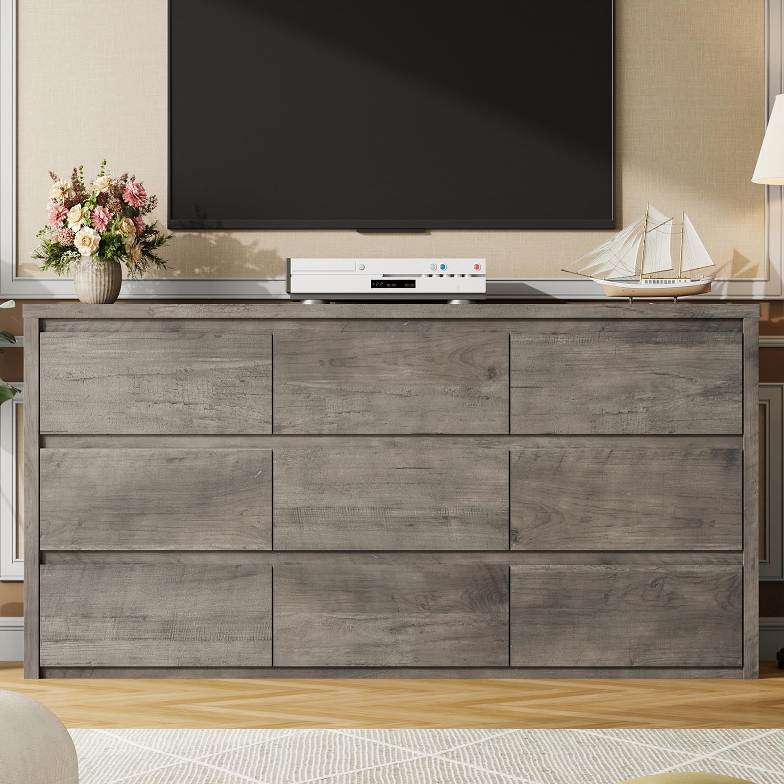 Large wood dresser placed in a living room corner