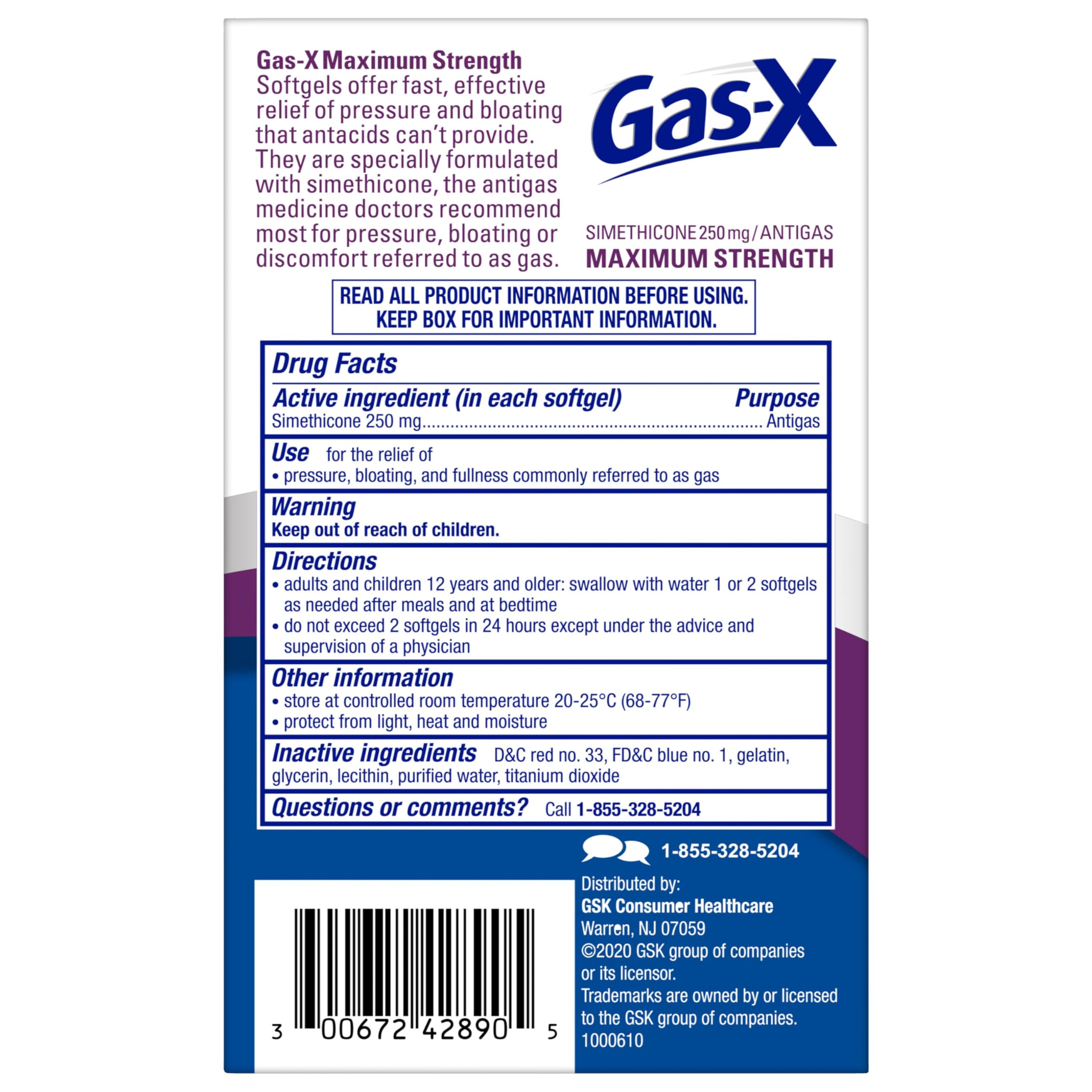 Gas-X anti-gas brand packaging information