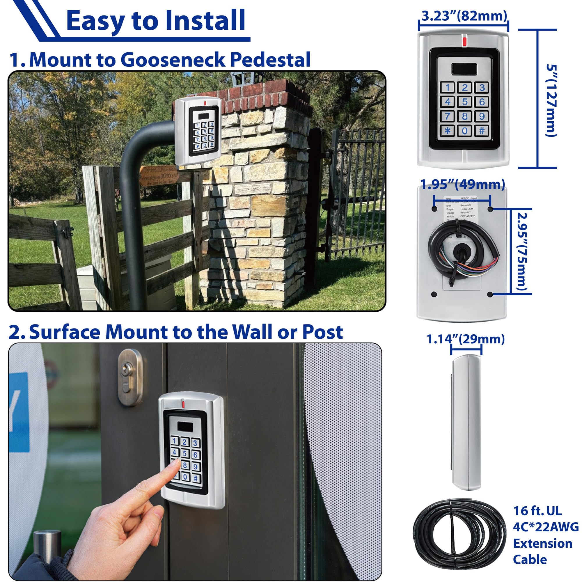 Gate opener access controller with included 16.6 ft cable