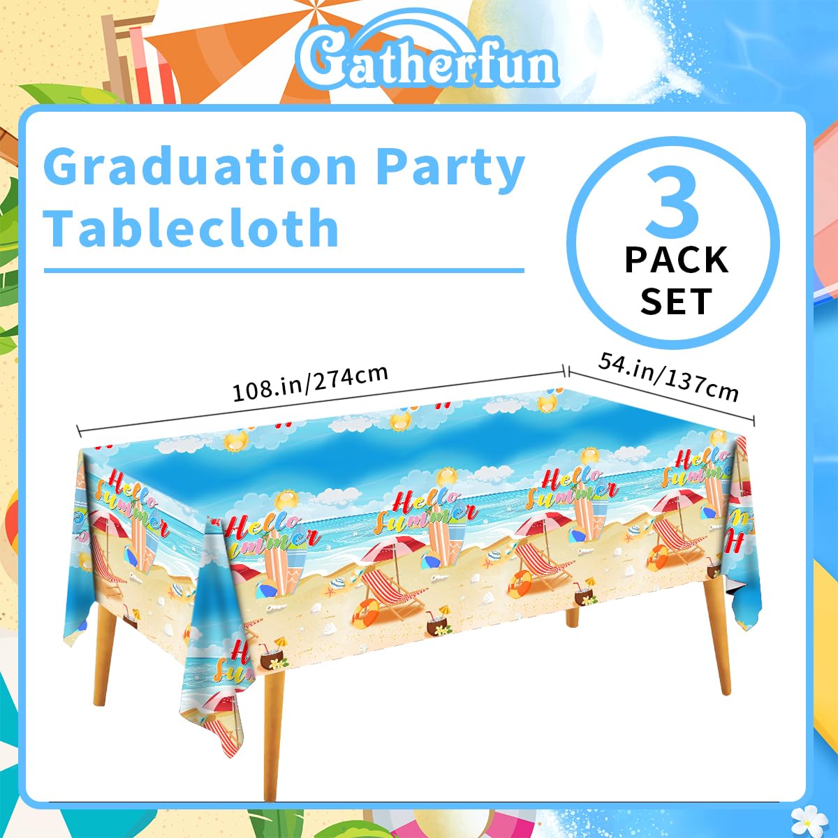 Hawaiian themed disposable beach tablecloth with luau elements