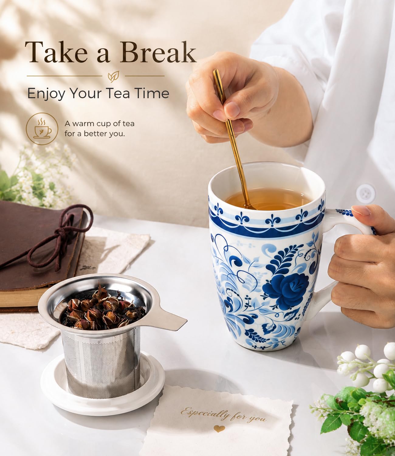 Tea mug with lid and infuser ready for steeping