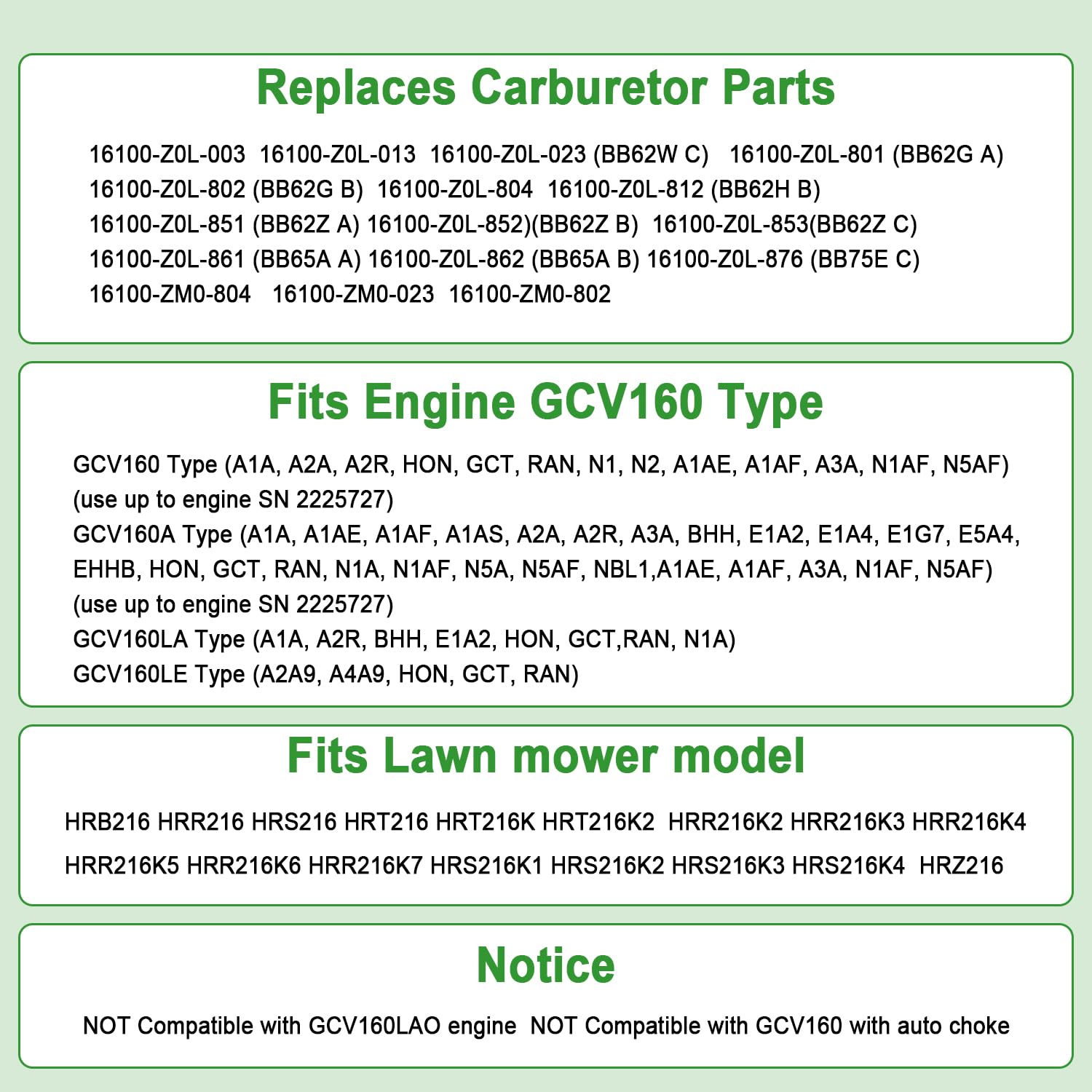GCV160LE engine carburetor compatibility