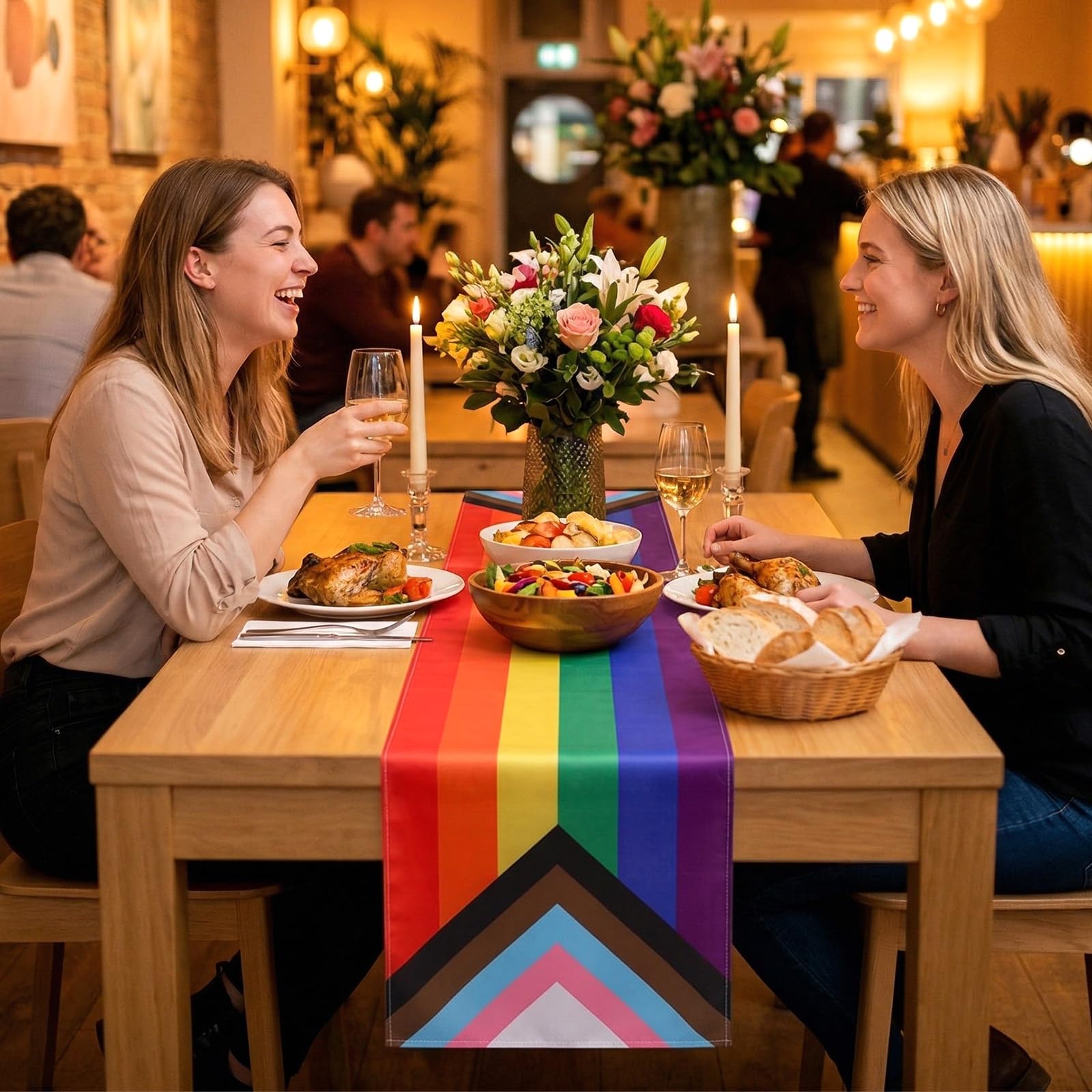 Machine washable wrinkle resistant rainbow table runner