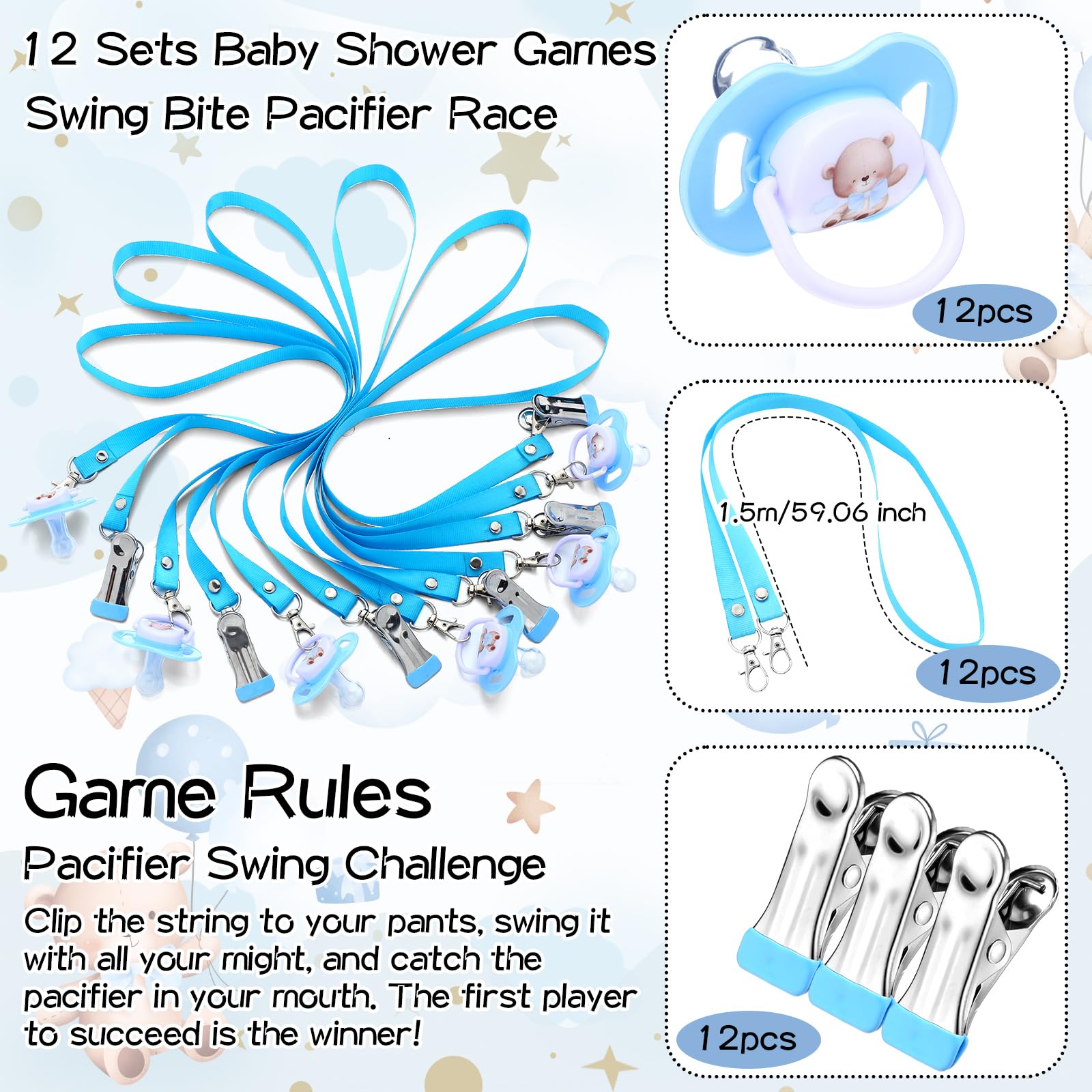 12 plastic pacifiers for Geelin baby shower games in blue bear theme