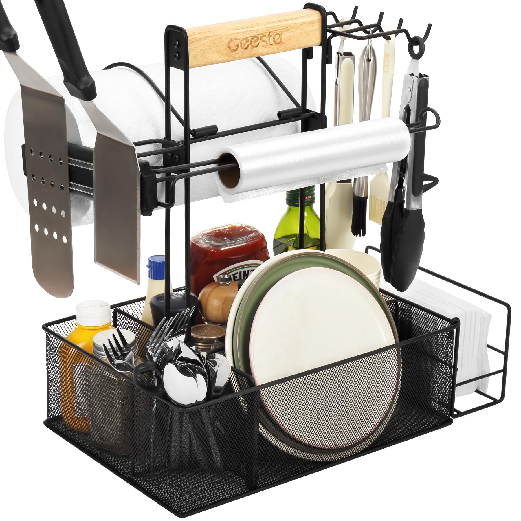 Geesta Grill Caddy outdoor grill setup with paper towel holder and magnetic tool holder