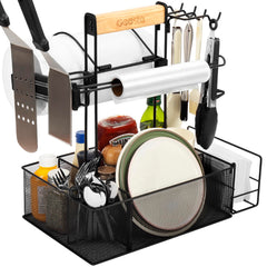 Geesta Grill Caddy outdoor grill setup with paper towel holder and magnetic tool holder