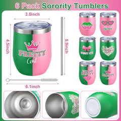Six-pack pink and green sorority tumbler 12 oz with lids