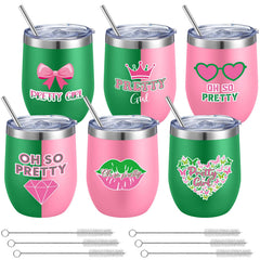 Geiserailie pink and green sorority tumblers 12 oz with lids