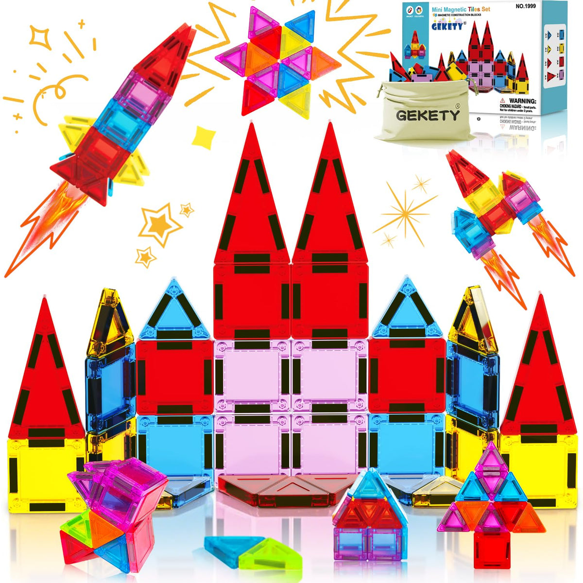 GEKETY Mini Magnetic Tiles 32 Pcs travel set with storage box