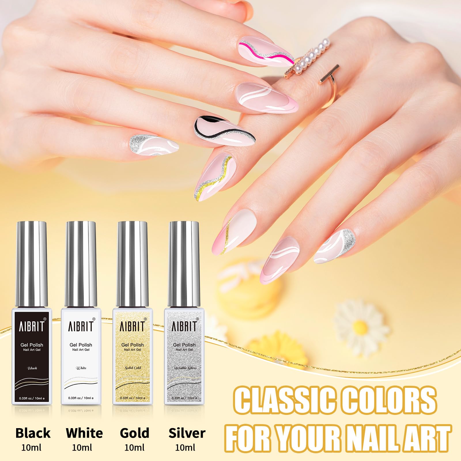 Gold Silver Black White gel liner set close up with brush in bottle