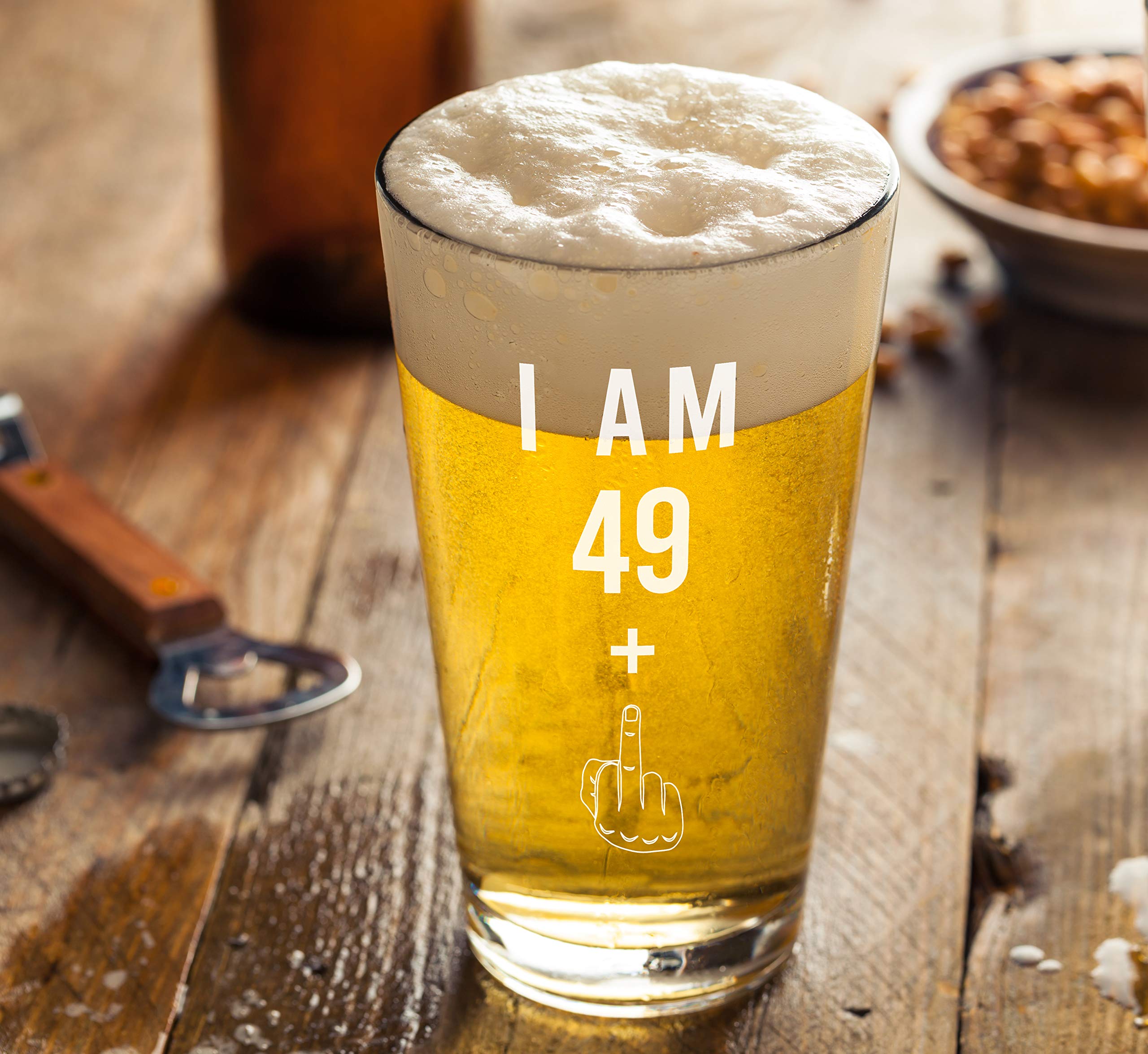 Cheeky I Am 49 plus design on beer glass