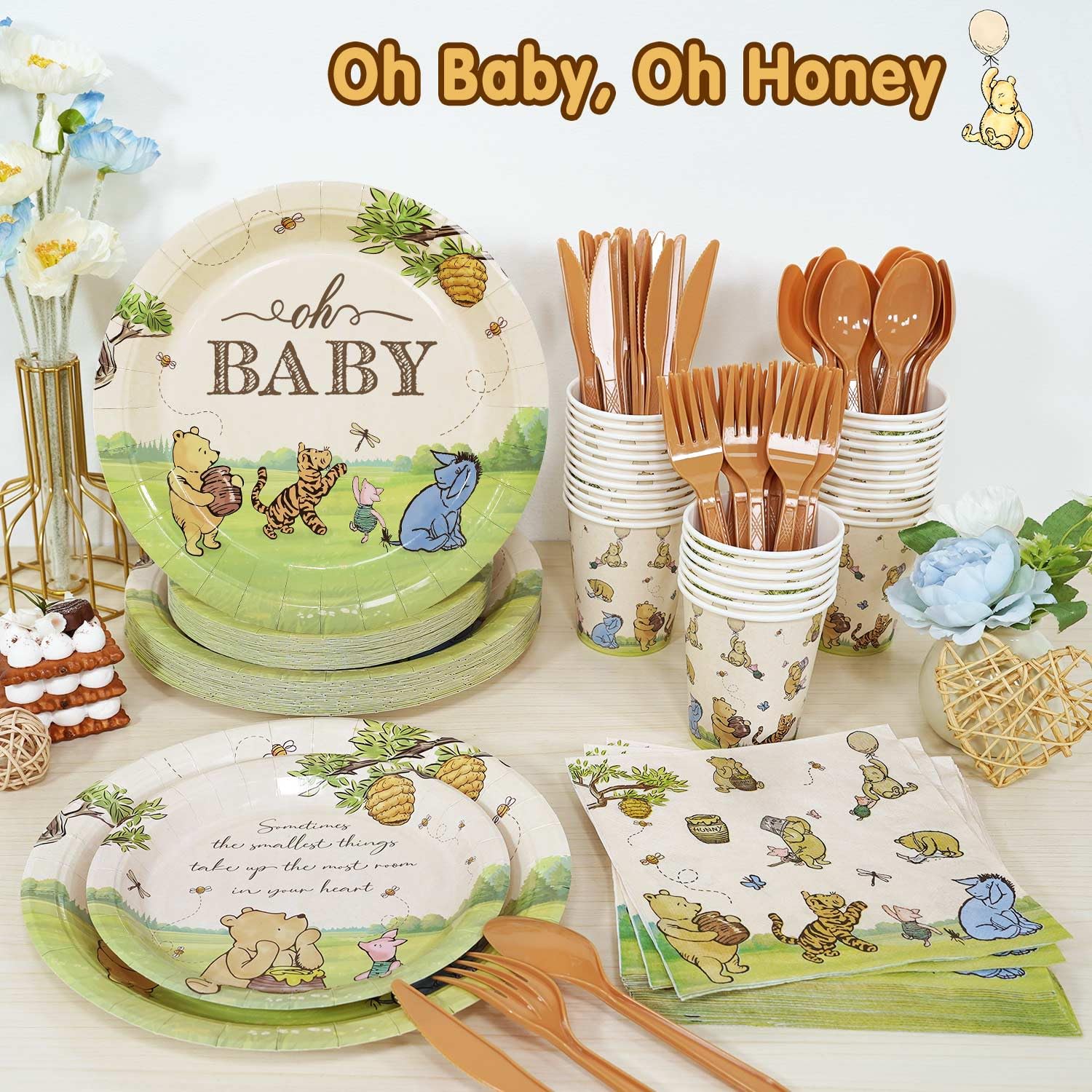 Winnie Bear decor coordination with tablecloths and backdrops