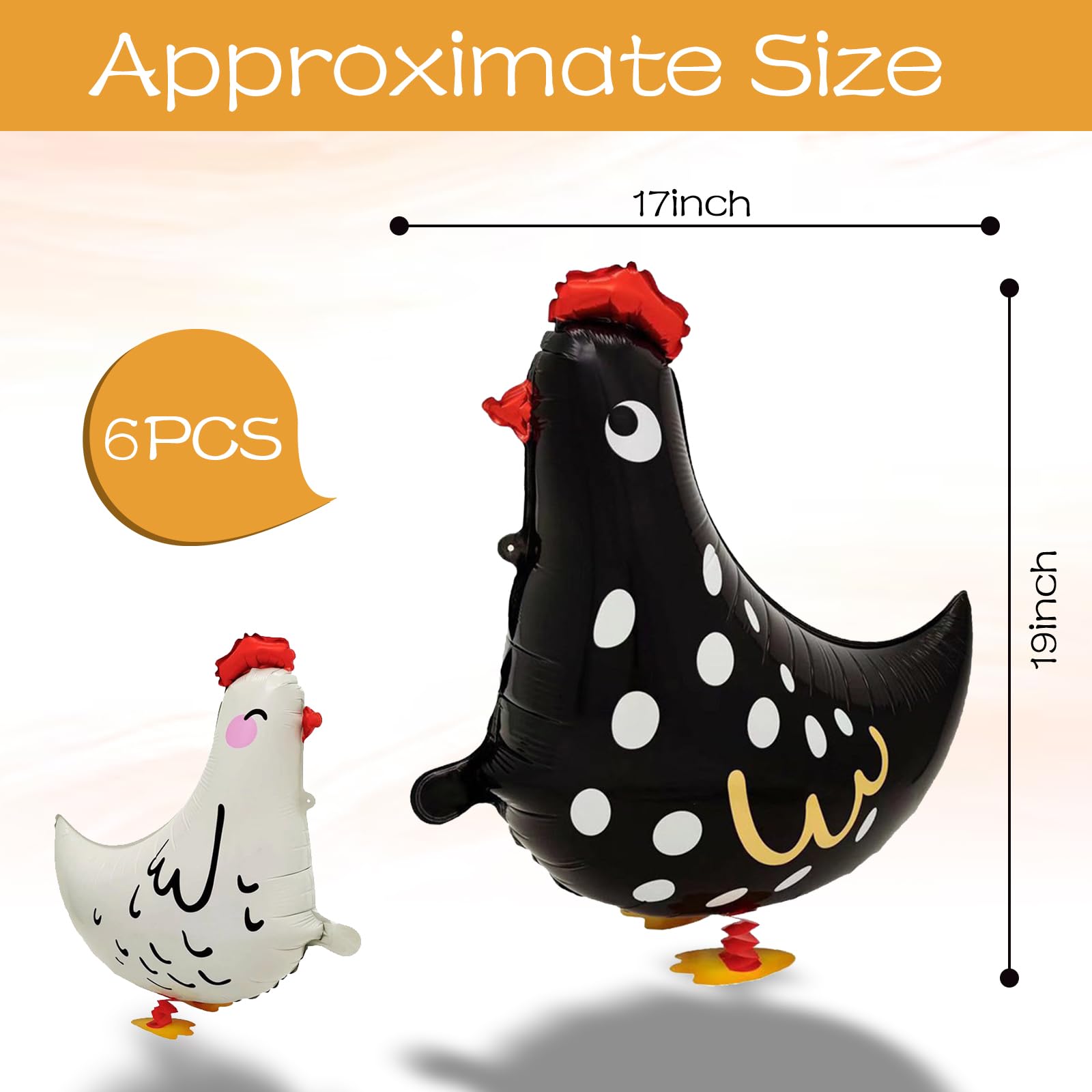 6Pcs chicken balloons made of Mylar non-toxic material with curling ribbons