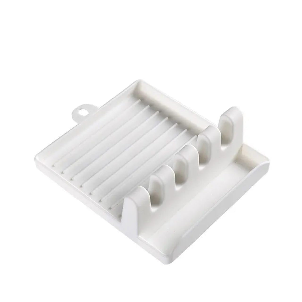 Generic Spoon Rest-12 white plastic utensil rest on kitchen counter