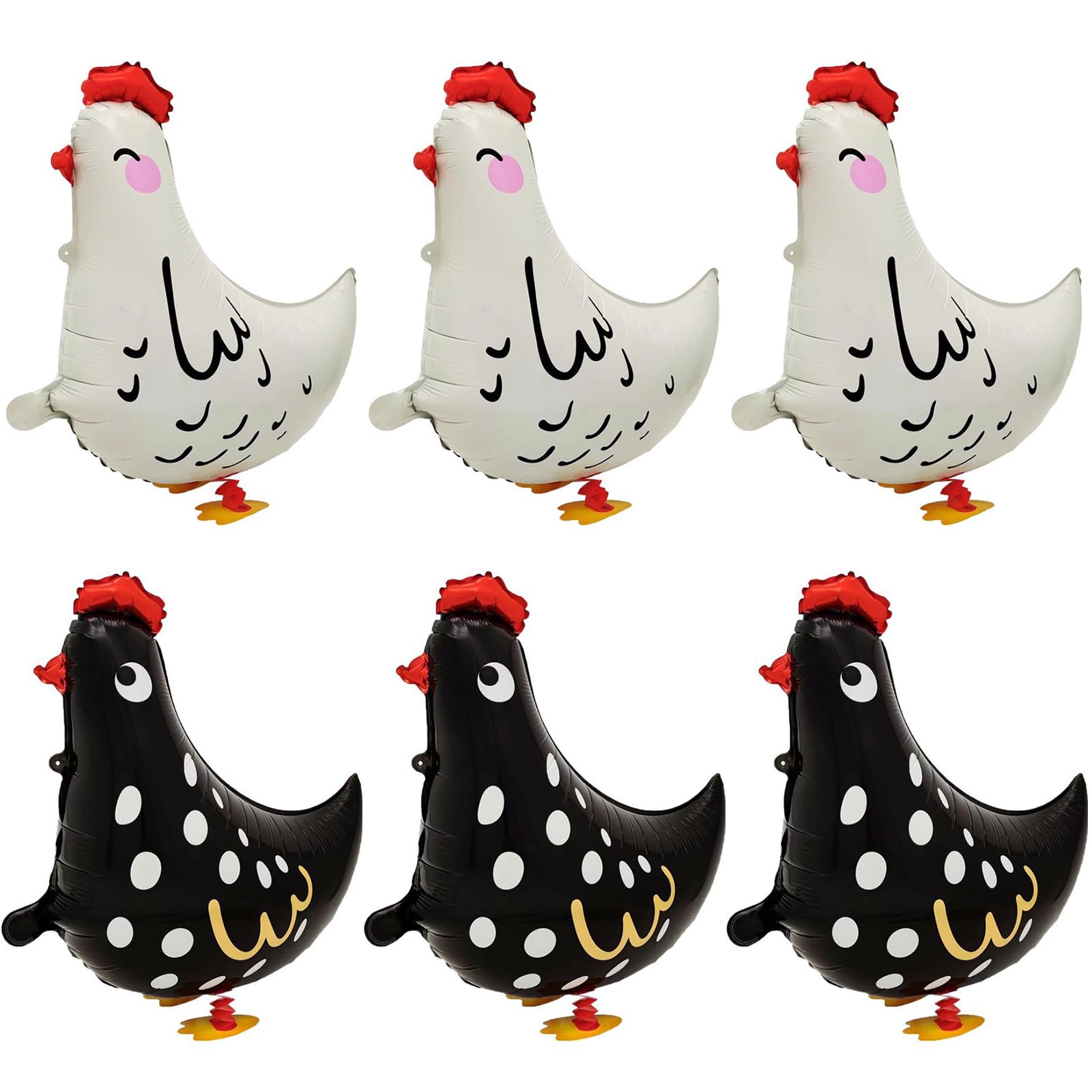 Generic walking pet chicken foil balloons set showing 3 white and 3 black chickens