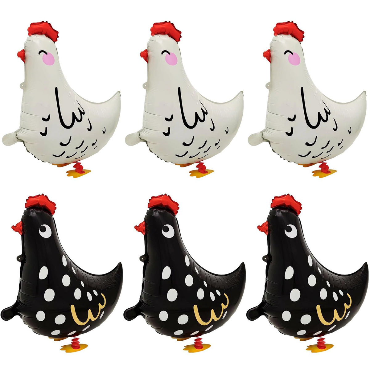 Generic walking pet chicken foil balloons set showing 3 white and 3 black chickens