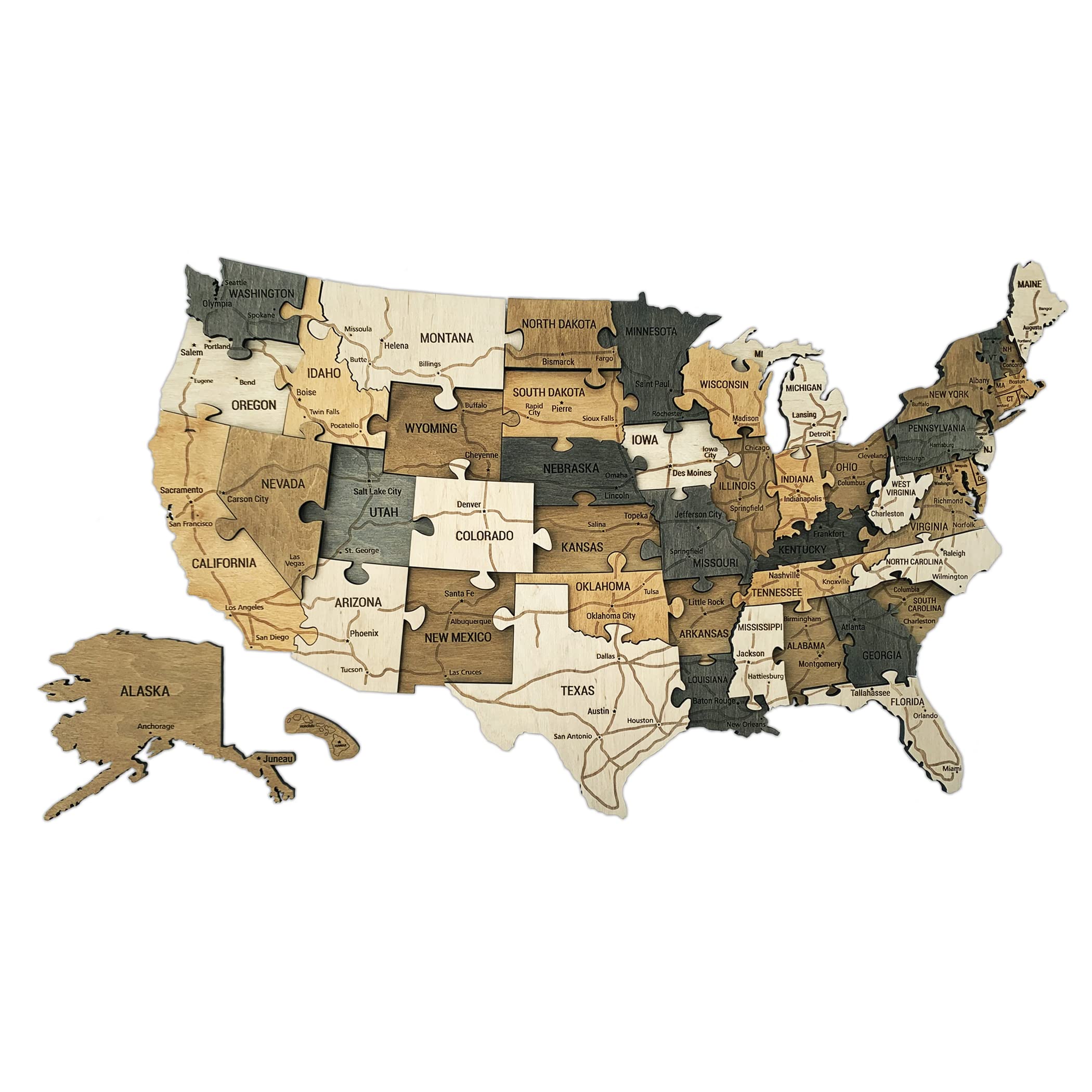 Generic Wooden USA Map Puzzle mounted on wall showing state shapes