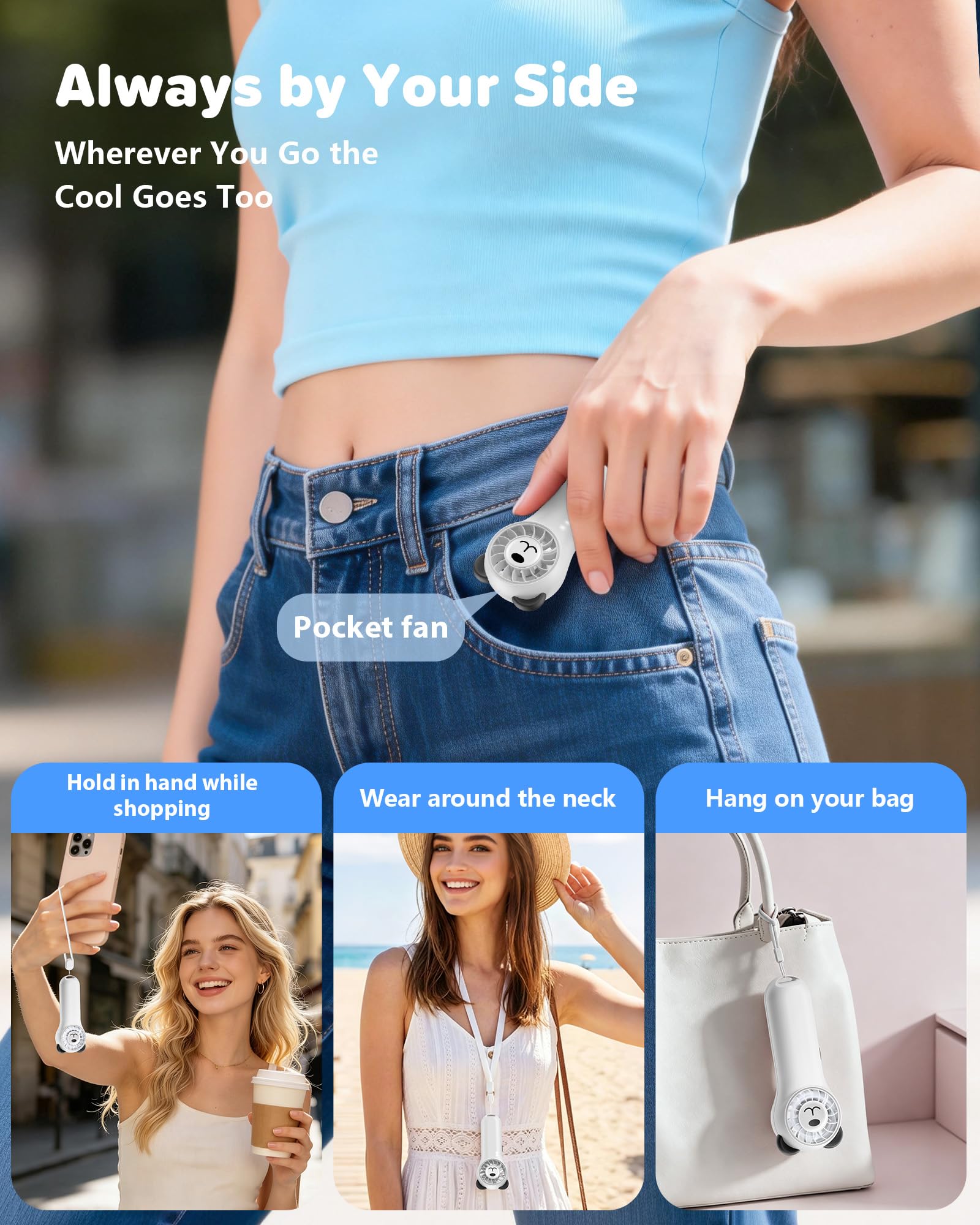 Includes wrist strap and USB-C charging cable with the fan