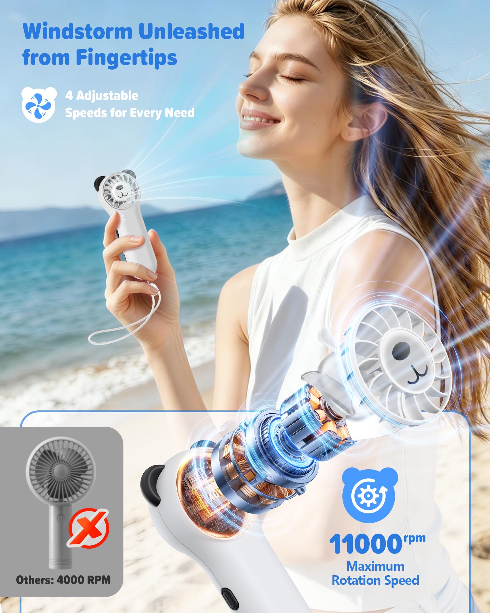 USB-C charging compatible fan with long battery life 3-9.5 hours