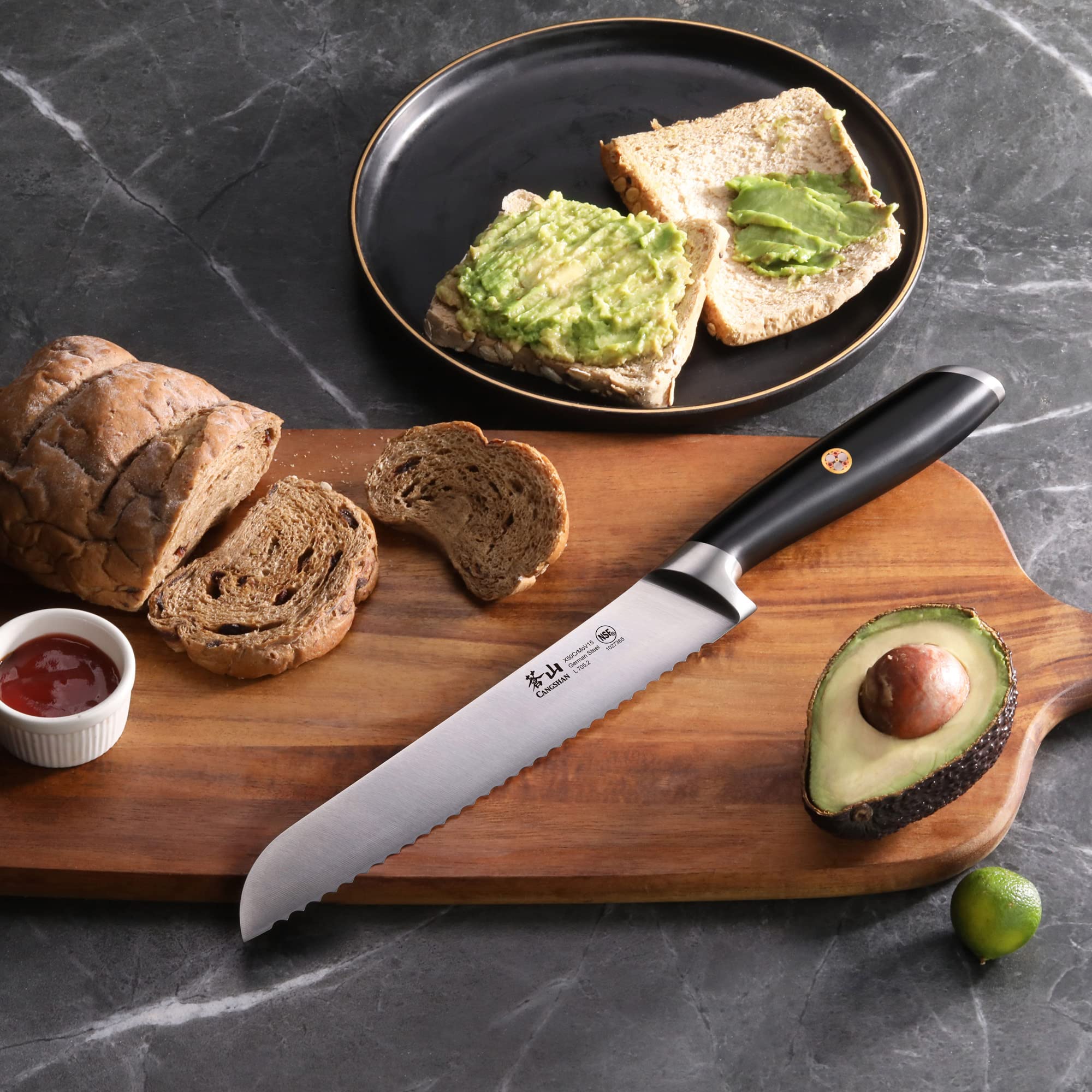 Serrated edge cutting crusty bread on an 8-inch blade