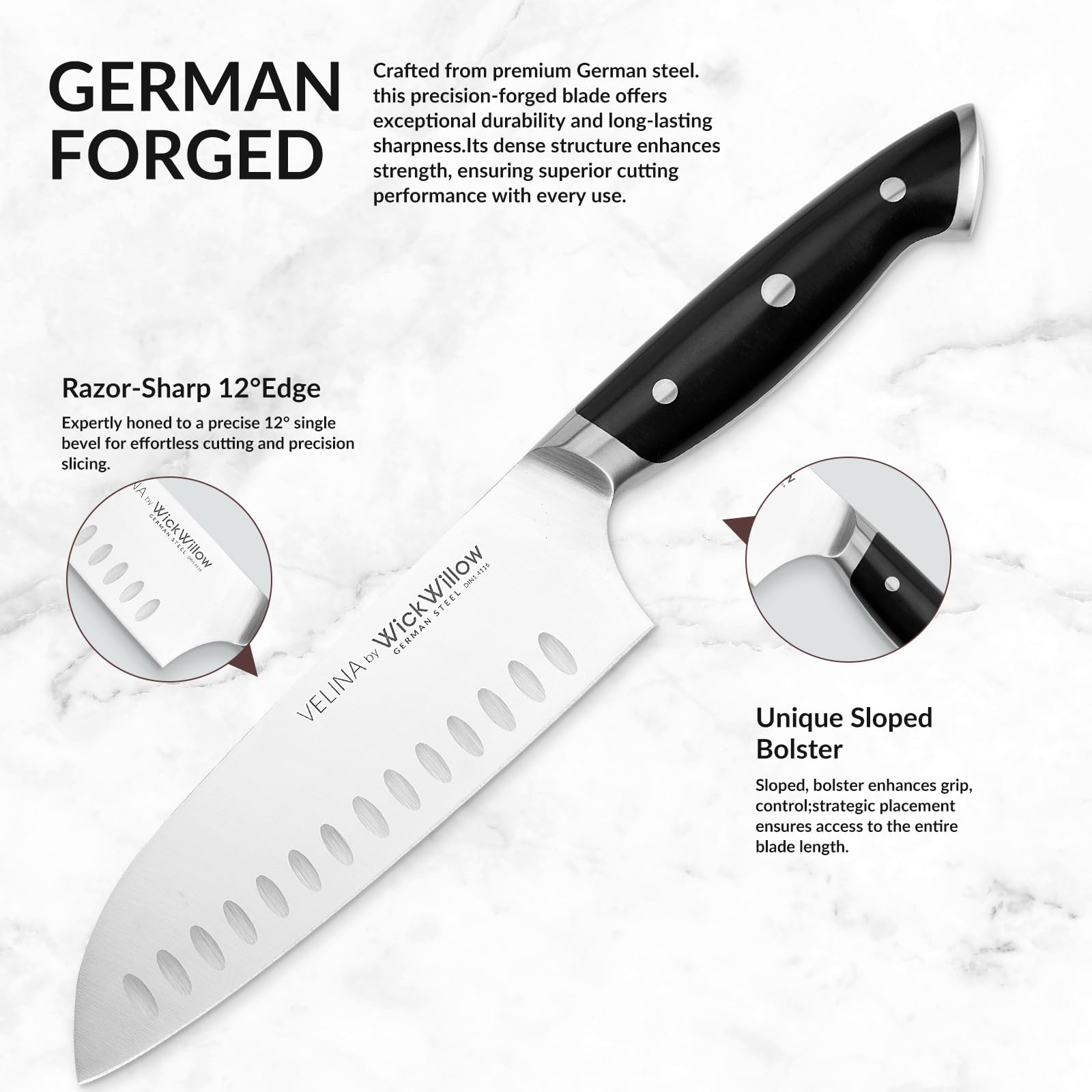German steel Santoku Knife Velina Series blade detail