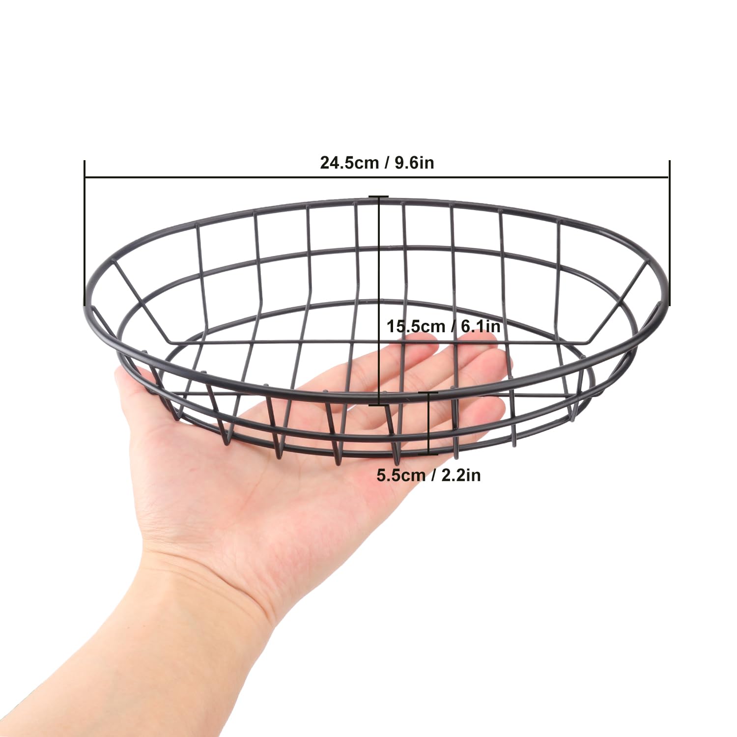 Oval metal bread basket with dimensions 9.65 x 6.1 x 2.17 inches
