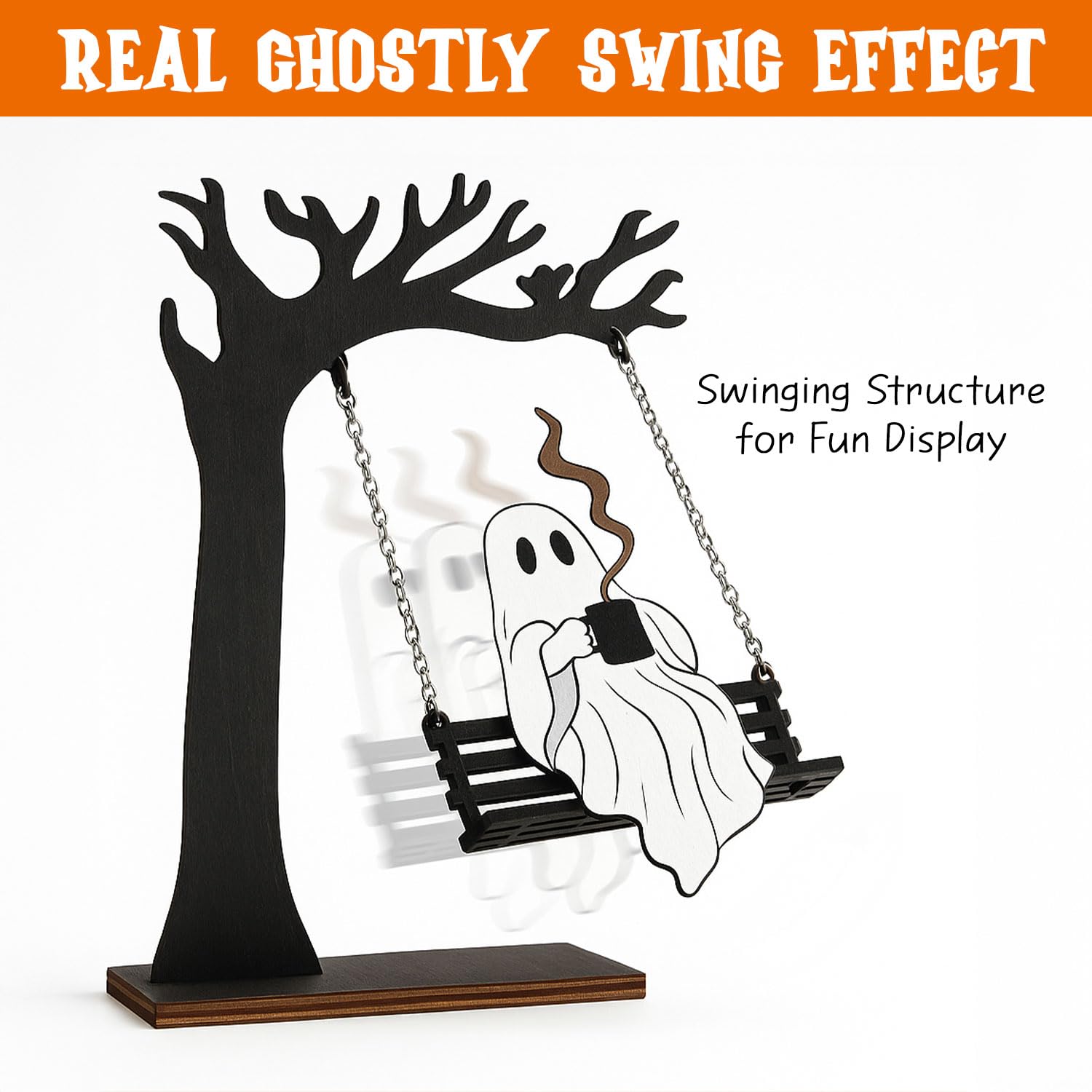 Versatile ghost decor accent mini tree with swinging ghost for shelves or mantels